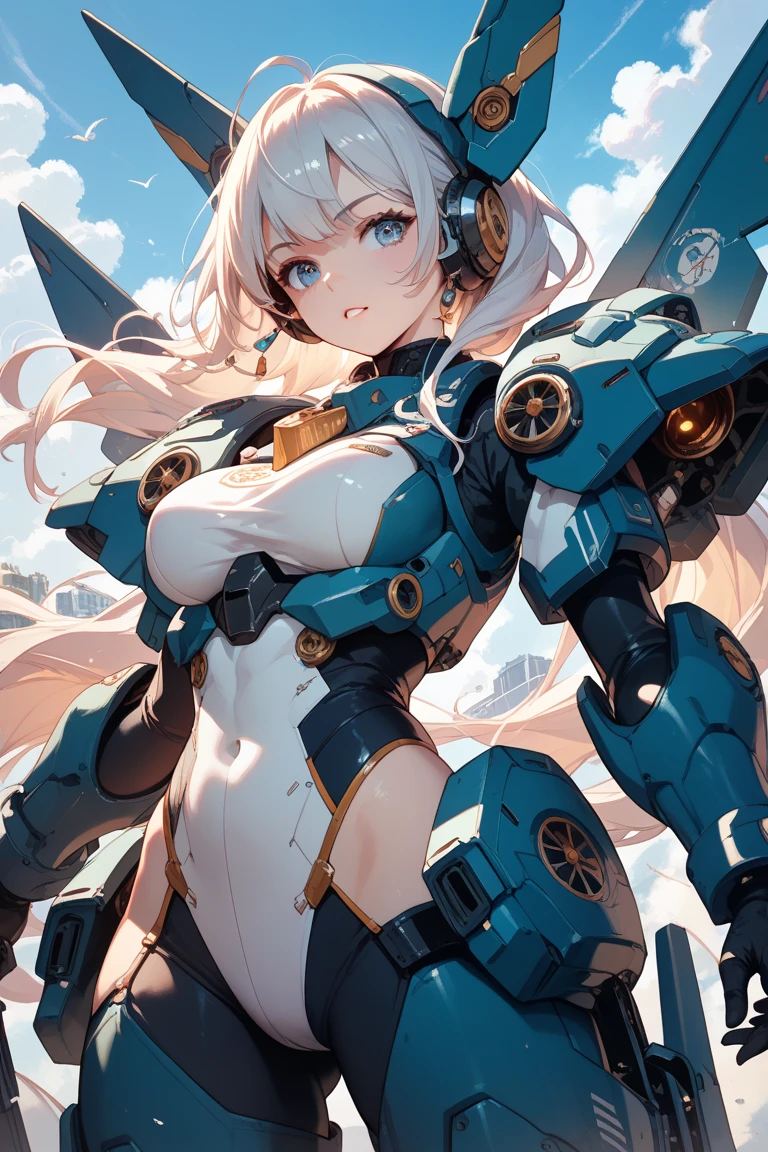 top-quality、Top image quality、masterpiece、girl with((red and blue mechanical body armor、red mechanic arm、purple leg arms、Shining gold body line、sixteen years old、teen ager、cute little、Best Bust、big bast,Beautiful light blue eyes、Breasts wide open, Purple hair、silver flight unit,Semi-long、A slender,Large valleys、belligerent movements,glowing whip、)),hiquality、Beautiful Art、Background with((Midnight City、Pillar of fire、fluttering white feathers)))、Depth((Black Giant Robot)),masutepiece、depth of fields,Cinematic style