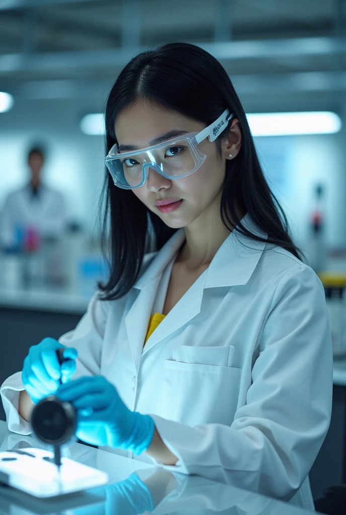 A scientist figuring out something in biotechnology purple aura a woman focus on the biotechnology THE BIOTECHNOLOGY IS THE FOCUS