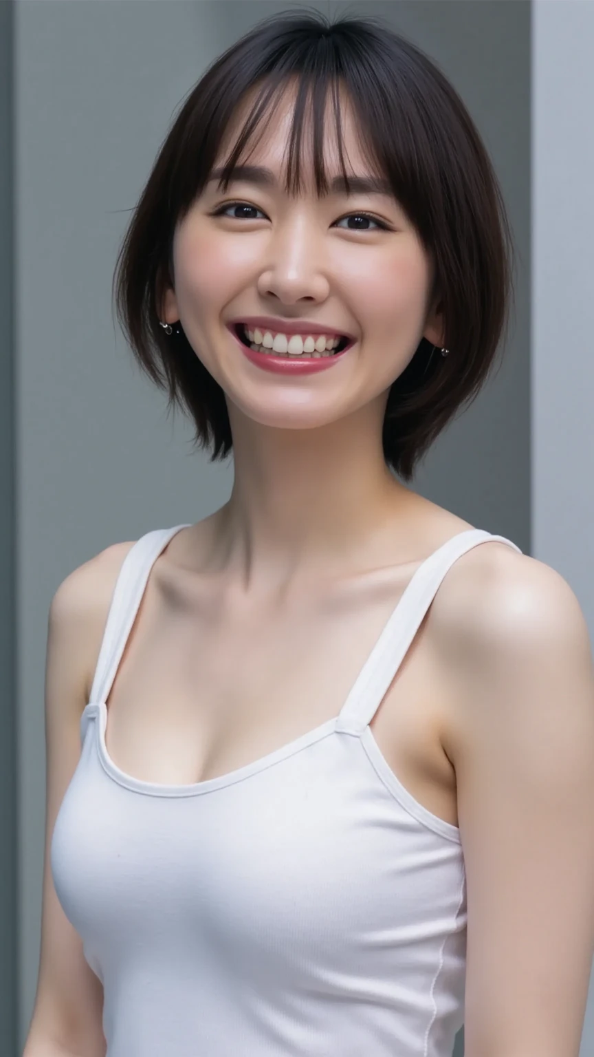 (((Highest quality)), ((8k)), ((masterpiece: 1.3)), (Photorealism: 1.6), (JMA), (Who), (Portrait of a Japanese mature woman), (Pitch black background: 1.2), (65-year-old woman), (Cat face), (Perfect looks), ((Realistic skin texture)), (Fine wrinkles all over the skin), (Dullness), (Facial wrinkles), (Wrinkles around the eyes), double eyelid, Tear bags under the eyelids, (corner of the eye), Thin eyebrows, (Grimacing and laughing), Short bangs, short hair, (Scoop neck slim fit tank top: 1.2), (Close-up of face),