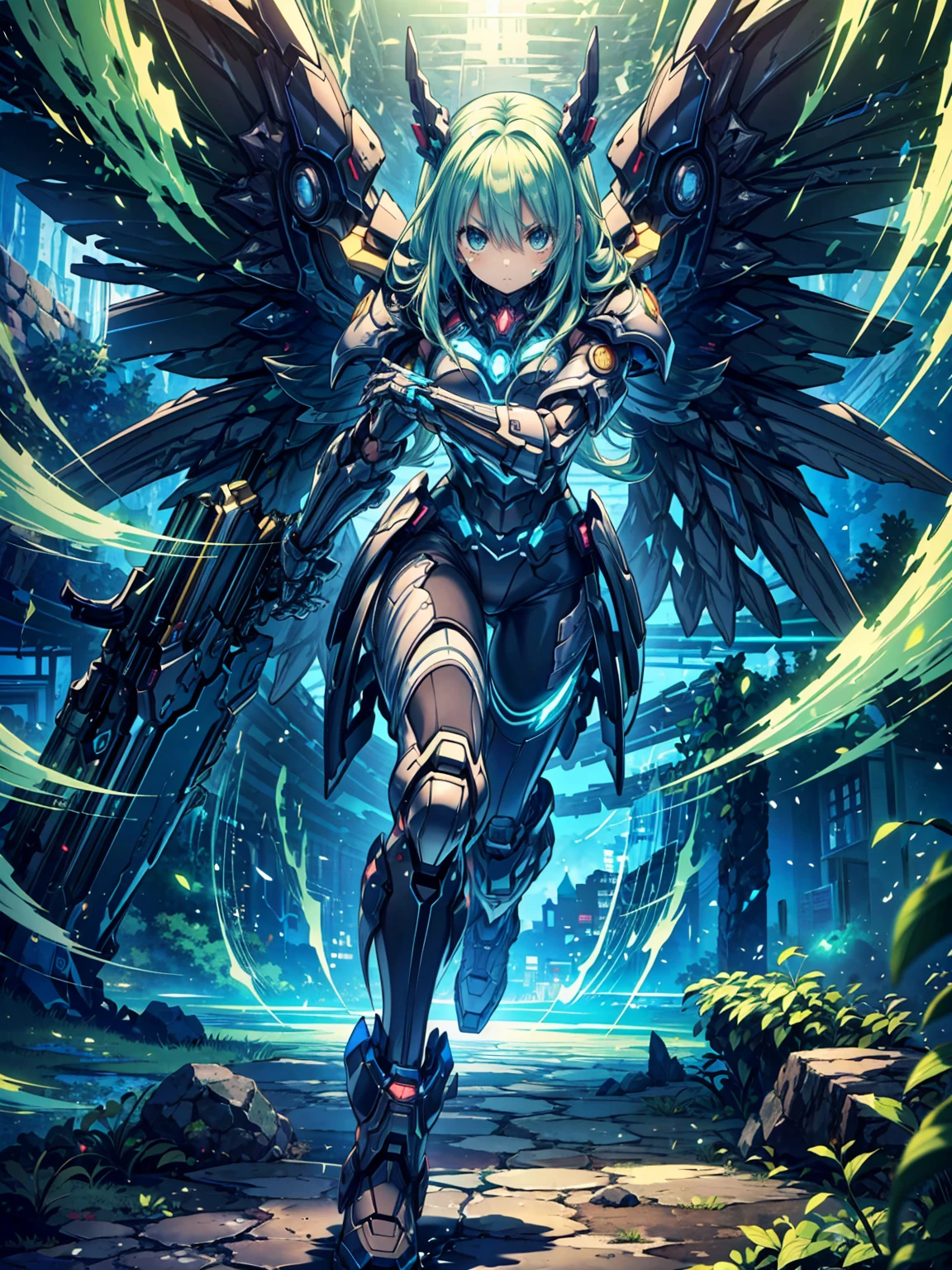 (((Best resolution, Textured skin, high quality, Precise CG unification, game CG))), (One adult woman), ((green hair)), Are standing, (action pose: 1.4), dynamic angle, (archangel), sacred knight, add_detail:1, add_detail:0, add_detail:0.5,