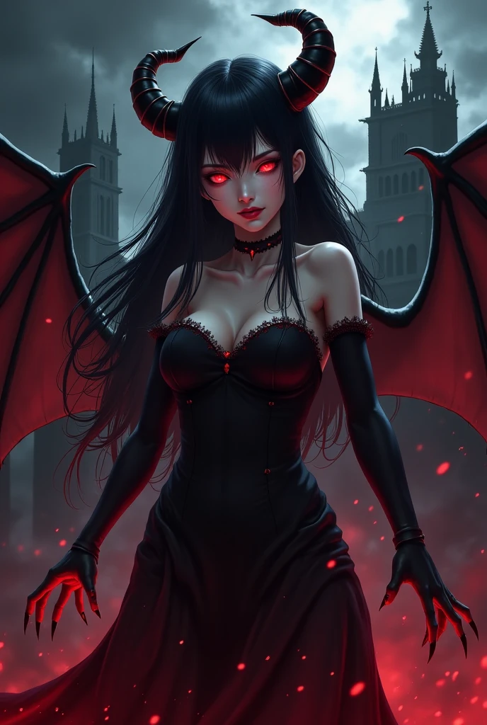 A cinematic shot of a dark fantasy anime-style portrait of a seductive succubus named Lady Venus. She has striking black hair with neon red tips and wears a crown. She has large, glowing red eyes and wears dark clothing. Her wings have a vibrant red center. The background is a dark, gothic architecture. The overall composition is illuminated by dramatic lighting. This portrait is a masterful combination of photography, 3D render, and artistic elements.