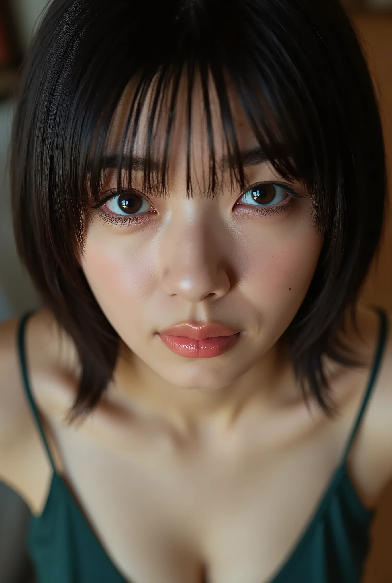 (( Best Quality )), ((masterpiece)), ( details), first-person view ,1 girl, sexy,( Bring Your Face Closer ),((mouth wide open )),((Big Breasts, underwear, Short Bob Hair)), black hair , (( without makeup, Small eyes))