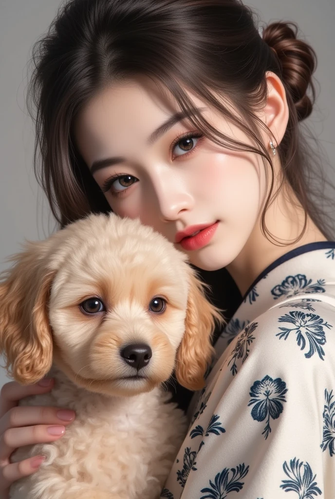 cute toy poodle puppy with beautiful fur、Portrait of a woman wearing a Japanese kimono、I'm stroking a toy poodle's head with gentle hands、quiet smile from comics、expresses beauty and strong affection、Portrait of a Japanese woman wearing a kimono with an extremely detailed pattern、Portrait of a Japanese woman with beautiful shining dark eyes、Quick brushstrokes and vibrant colors、A masterpiece of cute puppies and beautiful women、top quality、high image quality、8k、Photorealistic、real、photo shoot