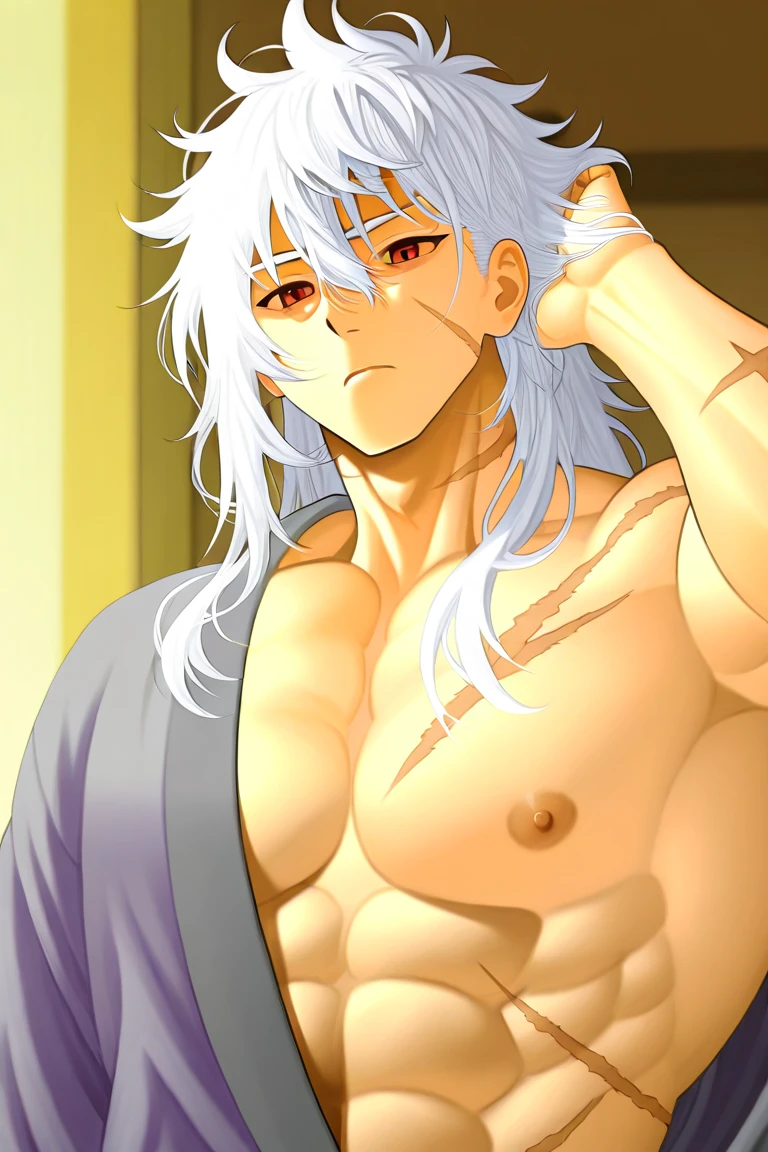 1boy, white long hair, white eyelashes, green eyes,fitness body,hair in the wind, satisfied expression, sexy,naked,wet body, bathroom background, hand on dick, holding dick