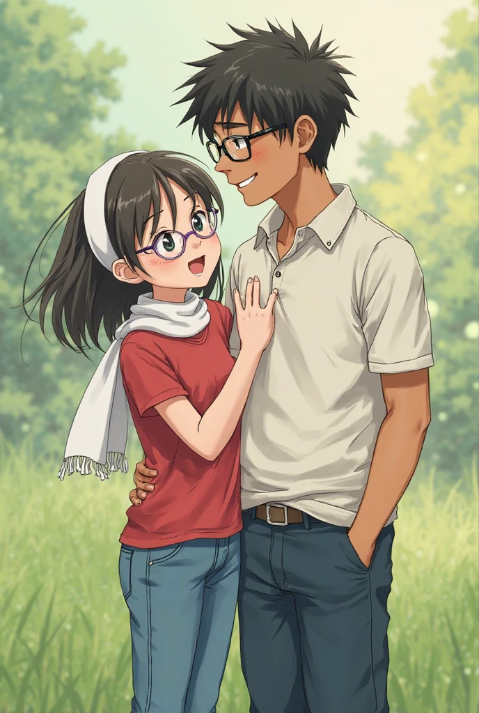 thin guy in a white T-shirt and blue jeans, Short brown hair, round face, Glasses, Kind expression on his face, hugging a little short schoolgirl in a white shirt and black skirt, blonde with a high ponytail in the evening in the park