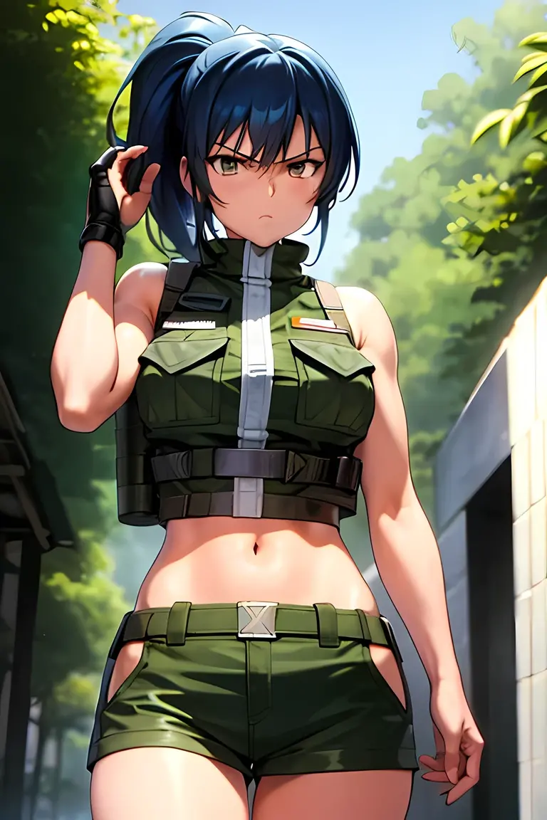 masterpiece, best quality, anime 1990s \(style\, leona heidern, sexy, naked, thong, pants ,open vest., jungle, tactical, pony tail, serious, cammo, army, soldier, blue hair, warfare, war, wet, gloves.