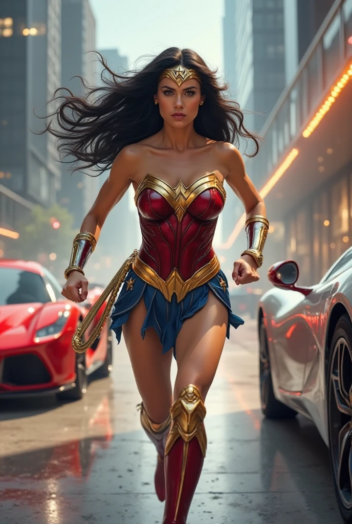 A beautiful woman Adriana Lima under the mantle of the Amazon warrior Wonder Woman red corset and navy blue pants with scales diaema in silver metal with a red star on her forehead long red boots up to her knees is a beautiful woman (((((He's in a white and yellow four-wheel drive ))))) through the streets of an apocalyptic and bloody city images from the side