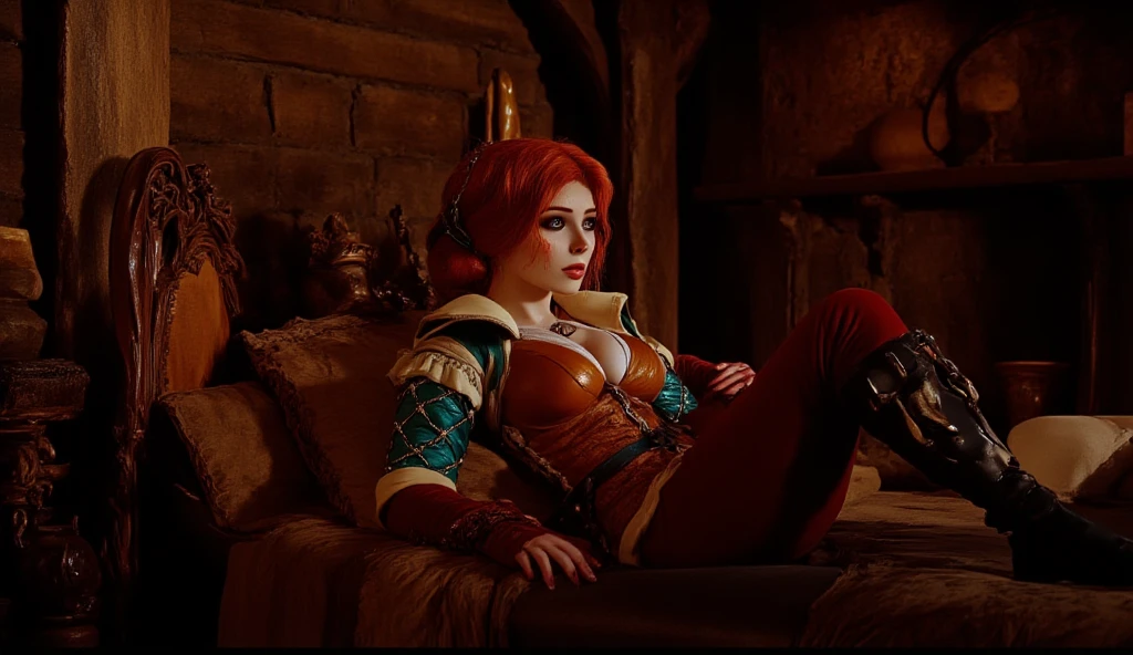 Triss, red ponytail, ((beautiful, perfect face)), ((detailed, beautiful, perfect, eyes)), ((nude)), (pubic hair), ((full body)) smiling, looking at viewer, relaxing in a stone-walled hunting lodge, fun, ((realistic)), dramatic lighting, (depth of field), ((masterpiece)) ((best quality)) ((highly detailed))