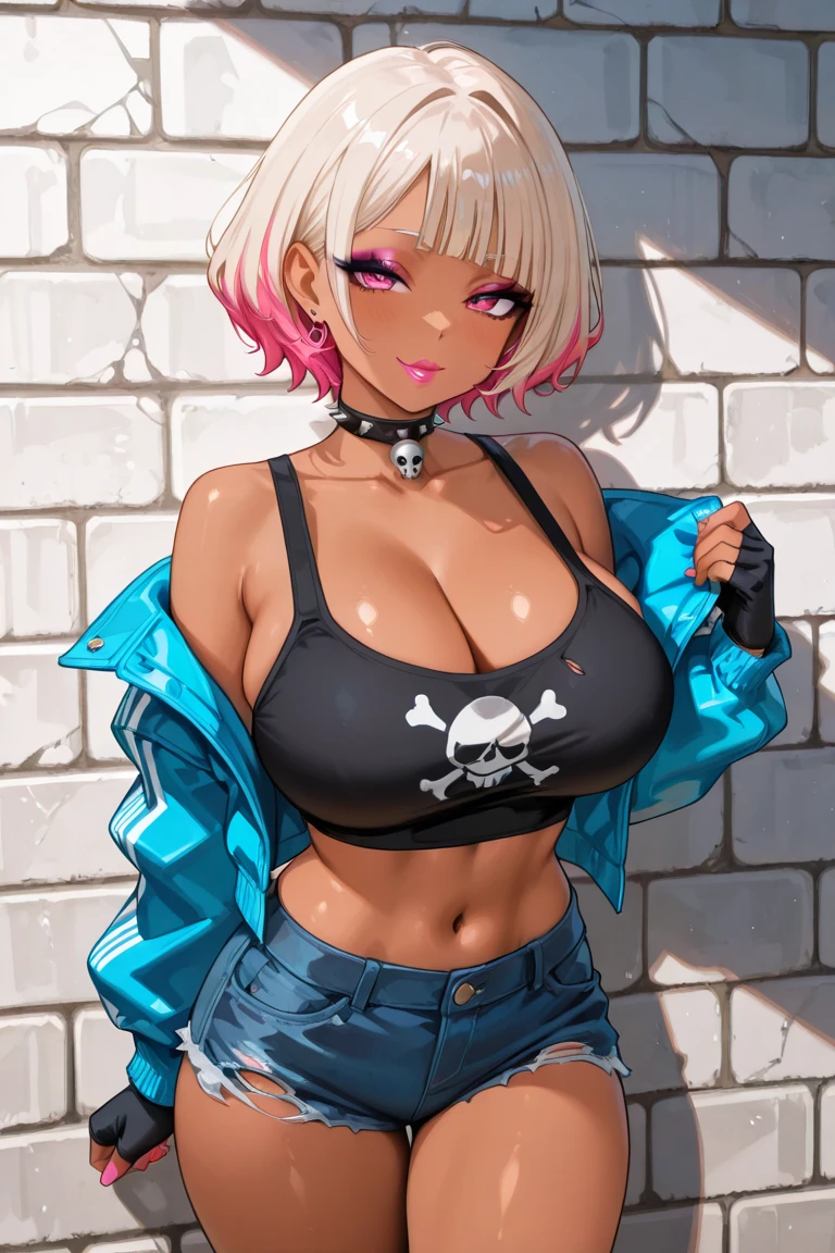 Kuki Shinobu Genshin Effect, squatting on the ground，worried expression，（blush：1），masterpiece, bestquality, 1girls, oversized breasts, bara, crop top, shorts jeans, choker, (Graffiti:1.5), color splashes, arm behind back, against wall, looking at the audience, bracelet, Thigh strap, Paint on the body, Head tilt, multicolored hair, water eyes, headset,tmasterpiece,Huge stacked breasts，The kinky  exposed ，（Surreal breasttremely full breasts）），（（Super large）），Big breasts Thin waist，（（（Extremely large breasts））），seductiv，High detail，hyper qualit，high resolution，8K，8k smooth，(reality: 1.2)，(Highly realistic, Ultra-realistic, photograph realistic)，(Realism: 1.2)，Solo，(Perfect feminine curveig breasts:2)，(Huge breasts:2)，(gigantic cleavage breasts:2)，(Large breasts:2)，(Bare tits:1.4)，(chiseled abs : 1.1)，Nice strong legs，，(Curvy:1.1)，Narrow waist，(gigantic hip:1)，(Thick thighs:1)，(Thick legs:1)，Muscular，(body builder:1.5)