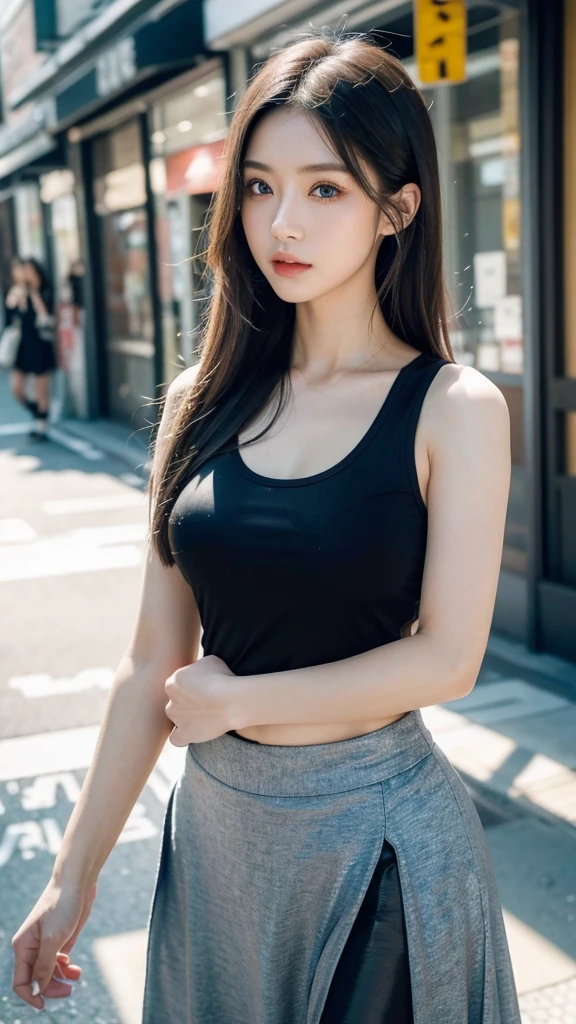 (8k, RAW Photo, Best Quality, Masterpiece:1.2), table top, Ultra Detail, Super Resolution, (Realistic, Realistic Photo:1.37), Portrait, High Detail RAW Color Photo, Professional Photo, Extremely Detailed and Beautiful, Extremely detailed, 8k wallpaper, amazing and detailed, huge file size, official art, highly detailed CG unity 8k wallpaper, highly detailed beautiful girl, highly detailed face, highly detailed eyes, highly detailed skin, highly detailed fingers, highly detailed nose, very detailed detailed mouth , perfect anatomy, highly detailed background, highly detailed clothes, 1girl, ,cute girl, realistic body, fair skin, glowing skin , slim body, handsome body, black hair , Semilong hair, (blunt bangs:1.2), smile, cute, youthful, cute face, realistic face, delicate eyes, drooping eyes, looking at viewer, facing front, standing posture, Contraposto, dynamic lighting, ((face closeup)), (medium chest), (Perfect Body Proportions), (slender Body Proportions), tank top, mini skirt,
