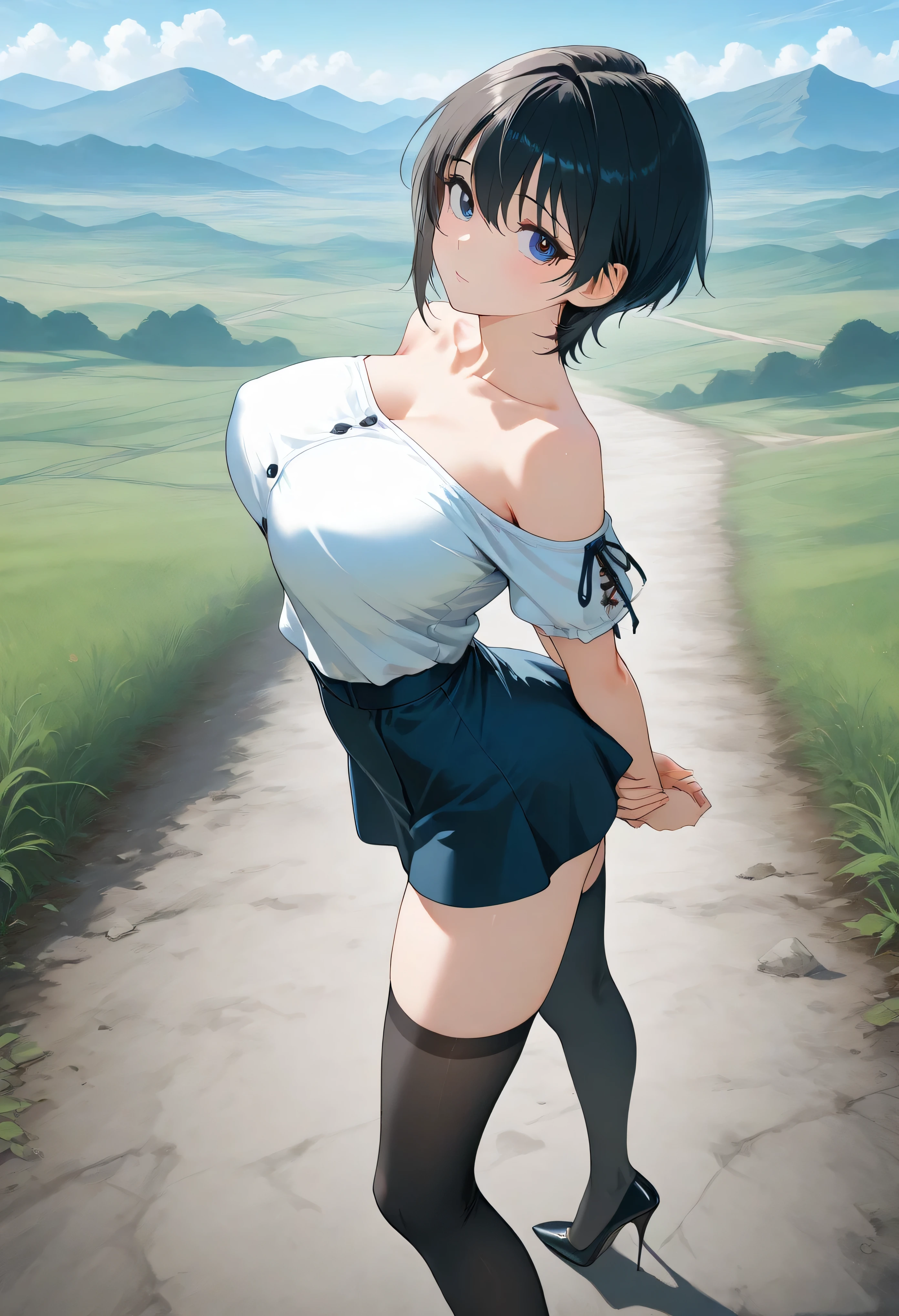 score_9, source_anime, landscape, BREAK, longtorso_v0.63_pony, perky breasts, coverd nipples, BREAK, solo, 1 skinny girl standing, arched back, arms down behind back, looking at viewer, BREAK, black short hair, bursting huge breasts, too short torso, skinny legs, BREAK, off-shoulder shirt, collarbone, too short skirt, black thighhighs, stiletto heels
