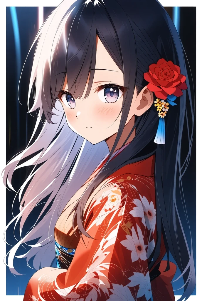 ((illustration, ultra-high detailed, Japanese anime style,   Shinkai Makifu , Beautiful lines, golden ratio full body composition, CG Unity, wallpaper), break ( Beautiful Adult Women, Wearing a Japanese Kimono,  Smile at You , Strongly Willed Gaze, Clear Eyes, full of hope, Aesthetic Realism Colors, Hand with 5 fingers, foot with 5 toes), from side, break (artgrapy style background, The warm arrival of spring, Aesthetic thaw, Beautiful lines, Sharp lines, without distortion, best composition), break 新しい季節の訪れ, black background representing old struggles, aesthetically shining black like lacquer, Expression of melting snow that washes away, attractive contrast between black and white, break 被写体を強調する柔らかな煌き, Dramatically penetrates the light clearly illuminates the desired signpost, extremely transparent dramatic indirect lighting, break \encourages new challenges sakura blizzard,\ Please increase the sharpness of the lines, The background is a vivid dark tone, Note the vivid colors, break 表現力の高い詳細な髪, Traditional hair ornaments made in Japan, It adjusts the overall balance, high contrast), carefully draws intricate details, Nice quality, 