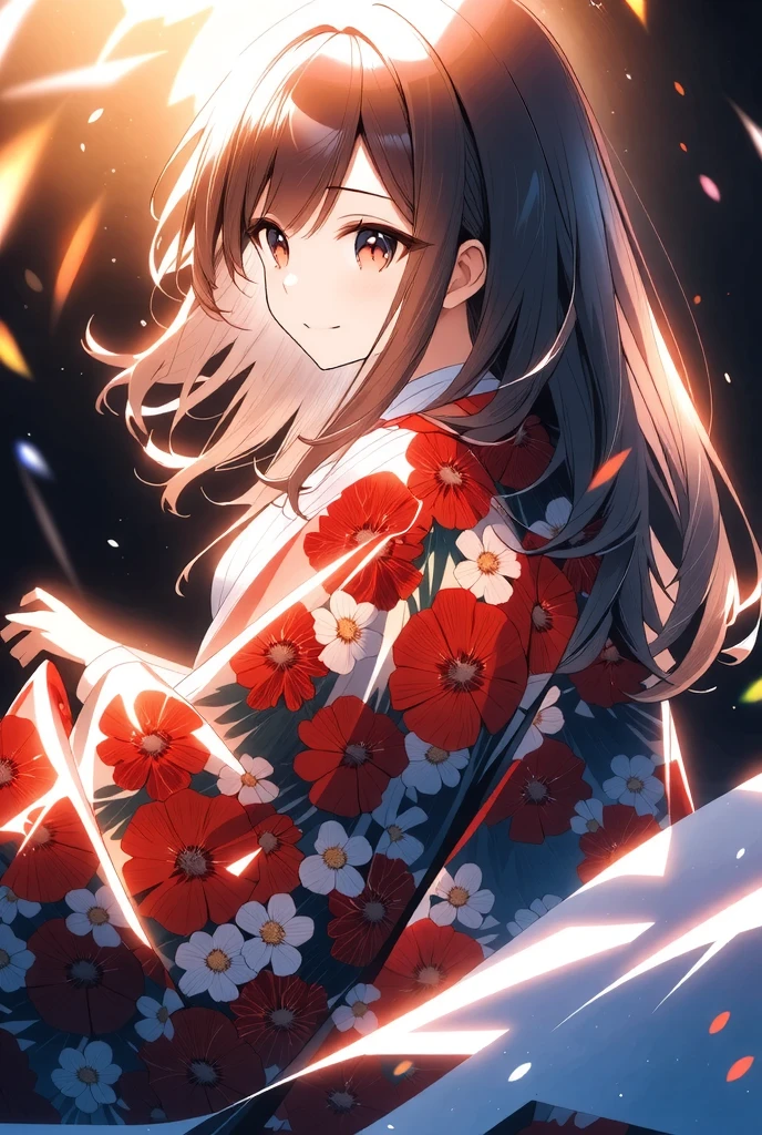 ((illustration, ultra-high detailed, Japanese anime style,   Shinkai Makifu , Beautiful lines, golden ratio full body composition, CG Unity, wallpaper), break ( Beautiful Adult Women, Wearing a Japanese Kimono,  Smile at You , Strongly Willed Gaze, Clear Eyes, full of hope, Aesthetic Realism Colors, Hand with 5 fingers, foot with 5 toes), from side, break (artgrapy style background, The warm arrival of spring, Aesthetic thaw, Beautiful lines, Sharp lines, without distortion, best composition), break 新しい季節の訪れ, black background representing old struggles, aesthetically shining black like lacquer, Expression of melting snow that washes away, attractive contrast between black and white, break 被写体を強調する柔らかな煌き, Dramatically penetrates the light clearly illuminates the desired signpost, extremely transparent dramatic indirect lighting, break \encourages new challenges sakura blizzard,\ Please increase the sharpness of the lines, The background is a vivid dark tone, Note the vivid colors, break 表現力の高い詳細な髪, Traditional hair ornaments made in Japan, It adjusts the overall balance, high contrast), carefully draws intricate details, Nice quality, 