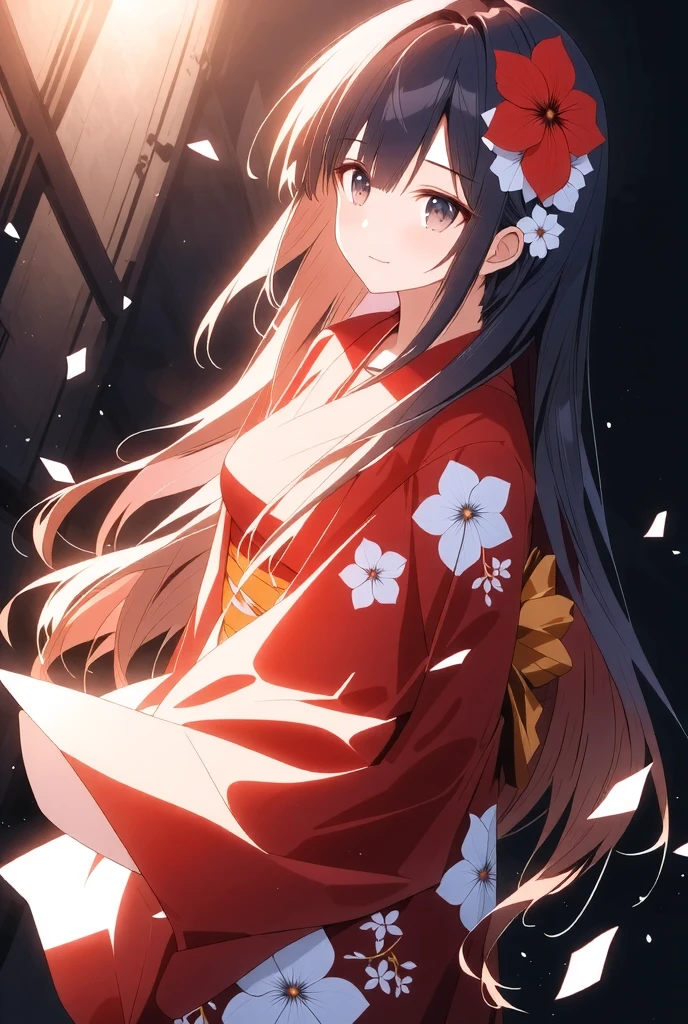 ((illustration, ultra-high detailed, Japanese anime style,   Shinkai Makifu , Beautiful lines, golden ratio full body composition, CG Unity, wallpaper), break ( Beautiful Adult Women, Wearing a Japanese Kimono,  Smile at You , Strongly Willed Gaze, Clear Eyes, full of hope, Aesthetic Realism Colors, Hand with 5 fingers, foot with 5 toes), from side, break (artgrapy style background, The warm arrival of spring, Aesthetic thaw, Beautiful lines, Sharp lines, without distortion, best composition), break 新しい季節の訪れ, black background representing old struggles, aesthetically shining black like lacquer, Expression of melting snow that washes away, attractive contrast between black and white, break 被写体を強調する柔らかな煌き, Dramatically penetrates the light clearly illuminates the desired signpost, extremely transparent dramatic indirect lighting, break \encourages new challenges sakura blizzard,\ Please increase the sharpness of the lines, The background is a vivid dark tone, Note the vivid colors, break 表現力の高い詳細な髪, Traditional hair ornaments made in Japan, It adjusts the overall balance, high contrast), carefully draws intricate details, Nice quality, 