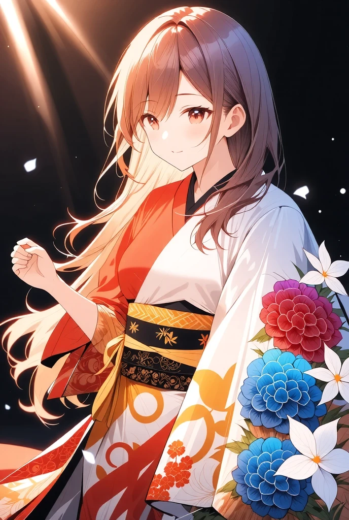 ((illustration, ultra-high detailed, Japanese anime style,   Shinkai Makifu , Beautiful lines, golden ratio full body composition, CG Unity, wallpaper), break ( Beautiful Adult Women, Wearing a Japanese Kimono,  Smile at You , Strongly Willed Gaze, Clear Eyes, full of hope, Aesthetic Realism Colors, Hand with 5 fingers, foot with 5 toes), from side, break (artgrapy style background, The warm arrival of spring, Aesthetic thaw, Beautiful lines, Sharp lines, without distortion, best composition), break 新しい季節の訪れ, black background representing old struggles, aesthetically shining black like lacquer, Expression of melting snow that washes away, attractive contrast between black and white, break 被写体を強調する柔らかな煌き, Dramatically penetrates the light clearly illuminates the desired signpost, extremely transparent dramatic indirect lighting, break \encourages new challenges sakura blizzard,\ Please increase the sharpness of the lines, The background is a vivid dark tone, Note the vivid colors, break 表現力の高い詳細な髪, Traditional hair ornaments made in Japan, It adjusts the overall balance, high contrast), carefully draws intricate details, Nice quality, 