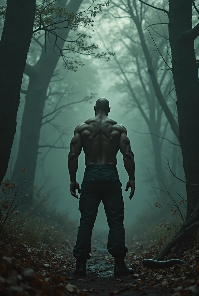 realistic photo of very tall and very black man, stark, wearing no shirt, with shaved head, big eyes thin nose and fleshy mouth in a dry cornfield with fog at night. photo taking in the whole body of the character who is walking among the plants. facing, and crows flying