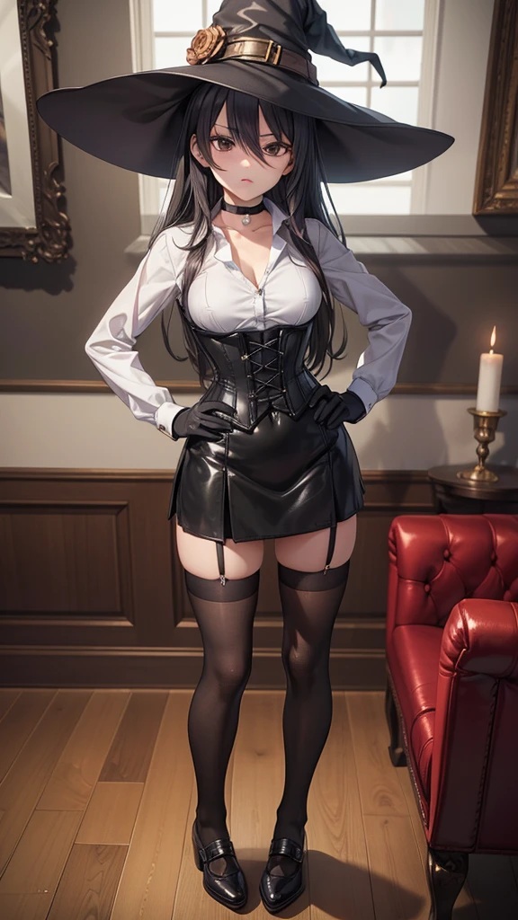 masterpiece, Superior image quality, High resolution, 4k image,photo and gross, photorealistic, whole body, 1 girl, standing, {{{vagina}}}, beautiful face, Long Silver Wavy Hair, Red eyes, very detailed eyes, shy expression, Glasses, choker:1.6, (white collar button down long sleeve shirt), black gloves, gloves that cover hands, holding a handful of books in your hands with your hand, (black leather corset), (shiny black leggings), Sensual Lips, show details in the eyes, View from the front, looking at the viewer, Mansion, at daytime, illuminated