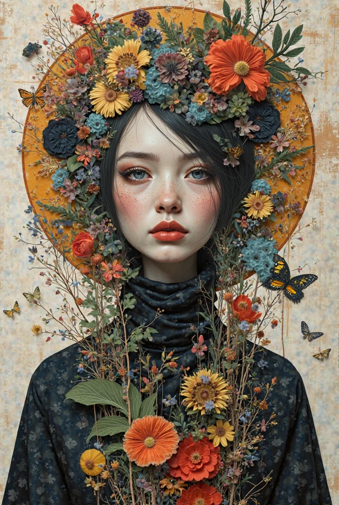 official art, unity 8k wallpaper, ultra detailed, beautiful and aesthetic, masterpiece, best quality, (zentangle, mandala, tangle, entangle), 1girl, lots of flowers, extremely detailed, dynamic angle, cowboyshot, the most beautiful form of chaos, elegant, a brutalist designed, vivid colors, romanticism, by james jean, roby dwi antono, ross tran, francis bacon, michal mraz, adrian ghenie, petra cortright, gerhard richter, takato yamamoto, ashley wood, atmospheric, ecstasy of musical notes, streaming musical notes visible, translucency, <lora:FilmG2:0.1>
