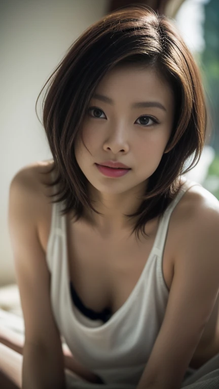 (color picture), Realistic photos of beautiful Asia.、Slender stomach, (A-cup haircut highlights:1.2), small breast, round chest, perfect breasts,(( )),She wore a soft white sweater with a relaxed neckline. ((One shoulder closed)), Show off your slender shoulders with a black bra., Standing out with the light that shines brightly on her skin.. , Middle of the picture , light rays, Warm atmosphere , light through hair