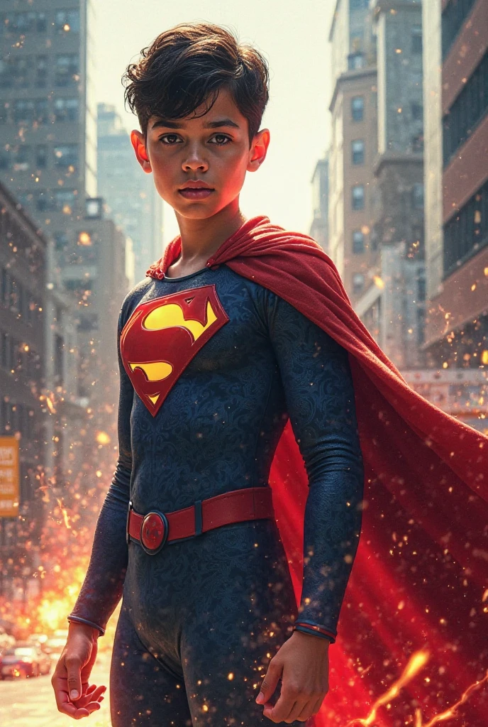 best quality,masterpiece,1boy,solo,(((15years old))),japanese boy,an extremely cute and handsome boy,highly detailed beautiful face and eyes,petit,cute face,lovely face,baby face,shy smile,show teeth, Black hair,Short hair,flat chest,skinny,slender,(((wearing a DC Superman superhero costume,red cape))),(((standing in reelunsettling dark indoors room))),he is looking at the viewer, StopMotion