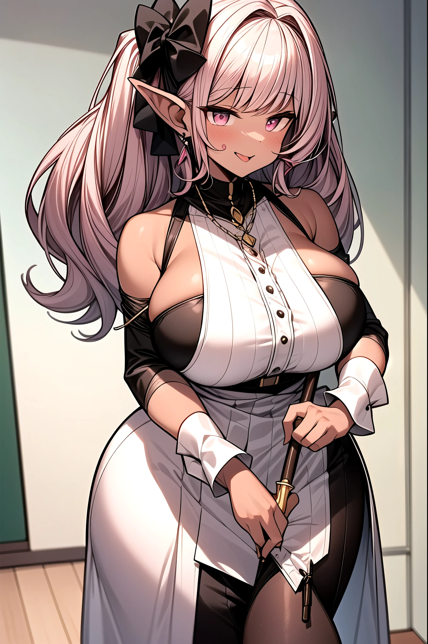 masterpiece, Best Quality, Super Detail, exquisite, beautiful,((1 person)), thick legs, Amorous face,stick out your tongue,(gigantic sagging breasts:1.5), magical girl costume. (Pink and white dress),pink hair. twin tails,magic wand on the hill.(dark skin:1.35).(Mature Woman:2),Multiparous women,Age 32,My height is 200 centimeters,classroom,The piece on the side、A detailed alley,cowboy shot ,