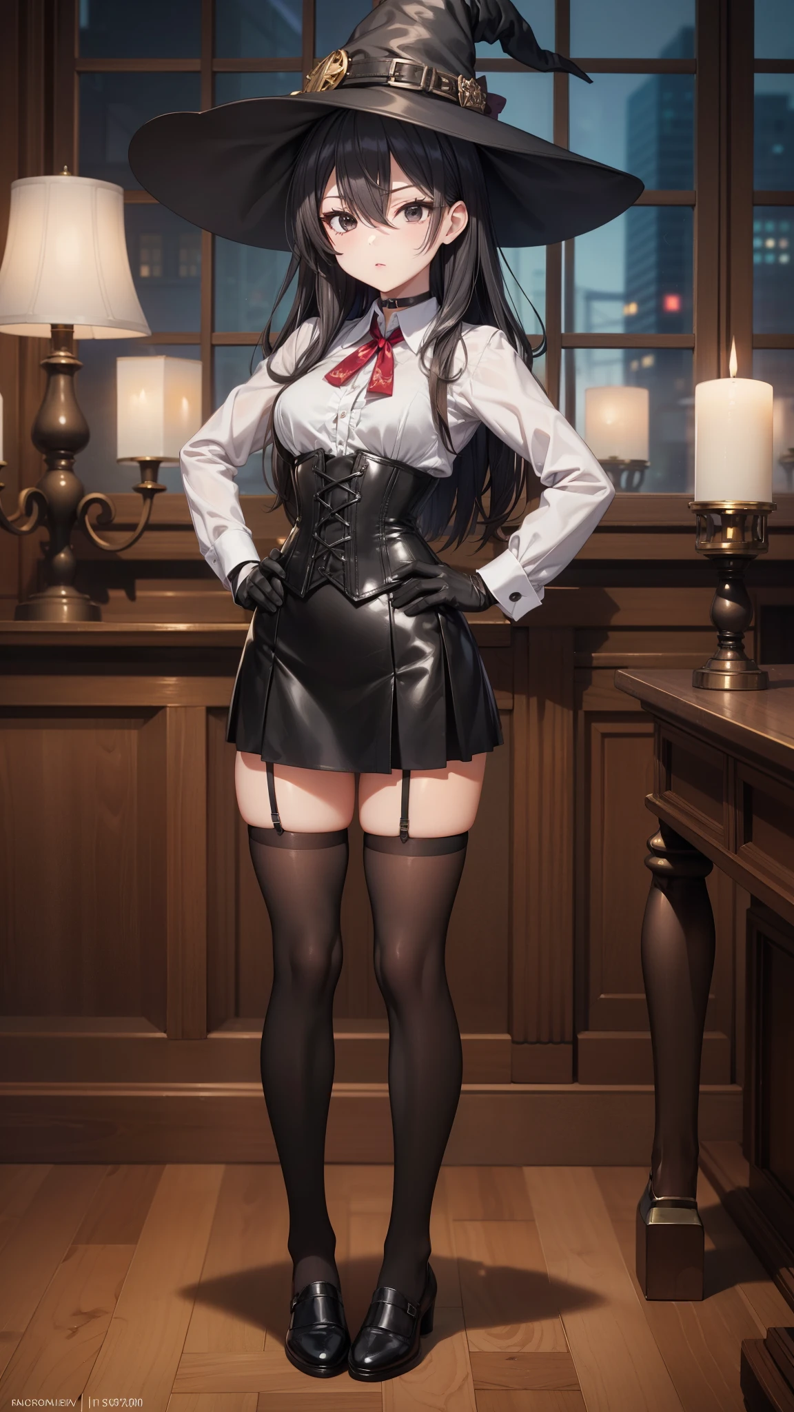 masterpiece, beautiful art, professional artist, 8K, sciamano240 art style, very detailed face, detailed clothing, Detailed fabric, (A young girl of short stature), ((hands on the hip)), (top view), perfectly drawn body , beautiful face, closed lip vest, (long black hair), black eyes, very detailed eyes, serious expression, detailed lips, (witch hat), choker:1.6, (long sleeve buttoned white collar shirt), black gloves, gloves that cover my hands , (black leather corset), (short black skirt), ( brown stockings), show details in the eyes, elegant room, candelabras, at night