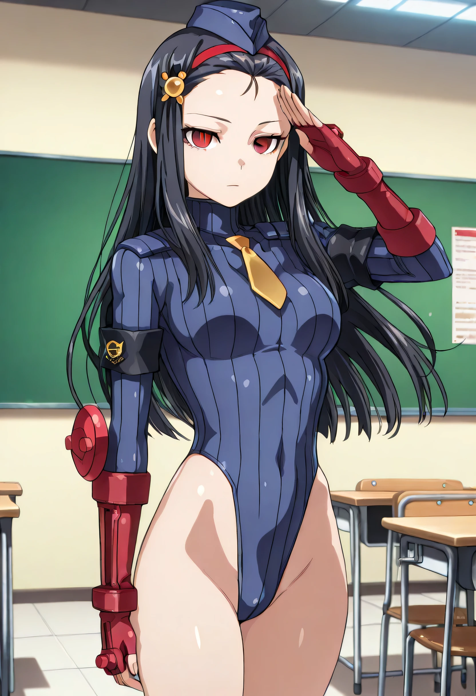 masterpiece, best quality, hyper detailed, ultra detailed, 1girl, solo, solo focus, library room, high school girl, superhero, blue and white leotard, black hair, bare legs, boots, matching gloves, heroic, hand on hip, standing, solo, single