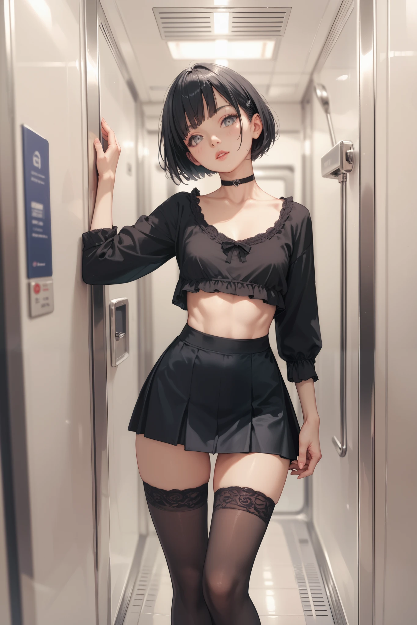 8K,Best Quority、ultra hyper-detailed、巨作、realisitic、Photo Real、(((Bra on top、Underneath is a high school skirt))),((((Skirt twisted、Showing the crotch of panties))))、((blush on、Look down on your audience))、Half body shot、(toilet room)、(Very short bob hair,Bangs Patsun)、Pill glasses、((small tits、Very skinny body、very thin thighs、very slender legs))