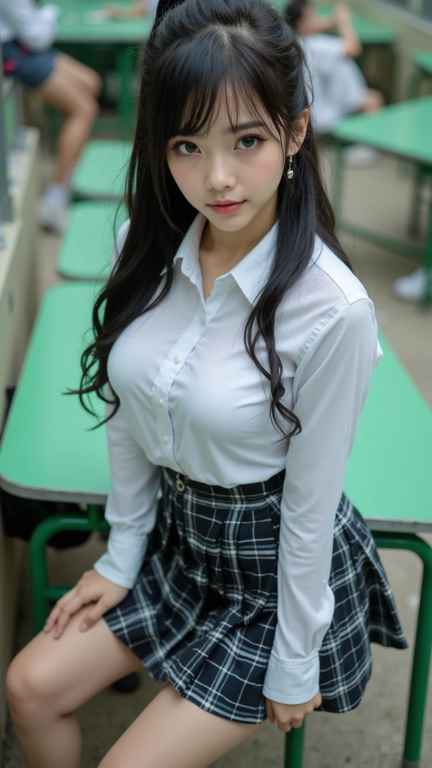 (masterpiece, best quality:1.2), a hyperrealistic schoolgirl, solo, 1girl, yukinoshita yukino, (shiny skin, wet skin:1.2), sweating, slight smile, looking at viewer, on all fours, school uniform, white shirt, plaid skirt, thighhighs, afternoon, classroom hyperrealistic schoolgirl