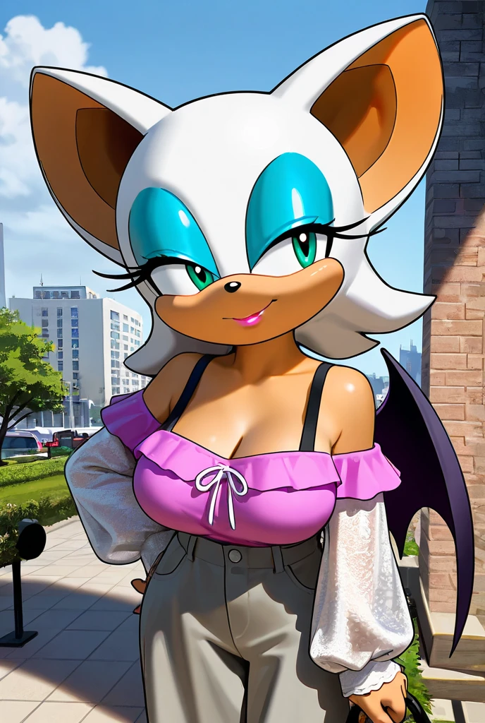 Rouge the Bat, wingless, pearl necklace, bare shoulders, medium breast, a colorful Mexican off the shoulder dress, sundown at a park, seductive, looking at you, smile, 1 girl, solo