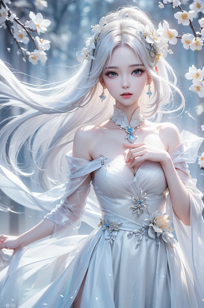 ((From the waist up))((masterpiece:1.5、8k、Portraiture、フォトリアリスティックでVery detailedなCG、Very detailed、Particle Effects、Dynamic Effects、Written boundary depth、Cinematic Light、Lens flare、Ray Tracing、Tabletop、Realistic:1.4、Ultra-high resolution:1.2、Realistic、Realistic))((alone、woman wearing a halter neck dress:1.4、Model-like pose、medium breasts、Detailed face、bright表情、young, bright, Whiter skin、Best Looks、Ultimate beauty、Shiny silver hair with highlights:1.8、bright and shiny hair,、Super long, Silky straight hair、Hair swaying in the wind))(Wonderful transparent flowers々Surrounded by、White Background、Great background、Delicate petals fluttering down)
