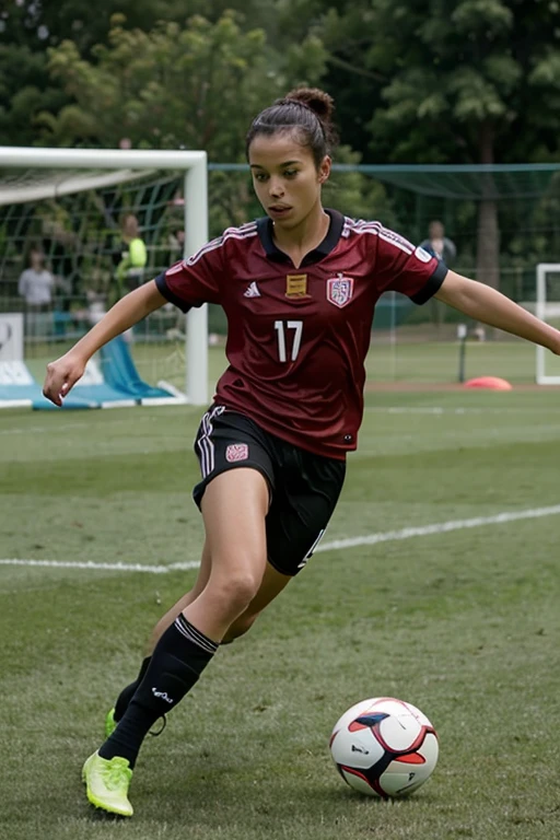 A small plays soccer wearing a red jersey with the number 10 on it and the words risky