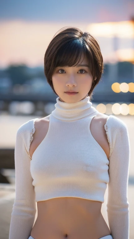 8K quality,(super masterpiece:1.3),highest quality,Detailed Images,The real picture,Natural lighting,symmetrical beauty,1 female,Japanese,20-year-old,Medium Hair,Curly Hair,(very cute:1.3),Thick eyebrows,(Double:1.2),(Realistic eyes:1.1),Turtleneck sweater,coat,jeans,(The background is a sunset,Sunset,lake,lake畔),(Face directly towards the camera,Looking directly at the viewer,looking at the camera,The body faces the viewer,The body is facing the direction of the camera,Face looking straight into the camera),NSFW.