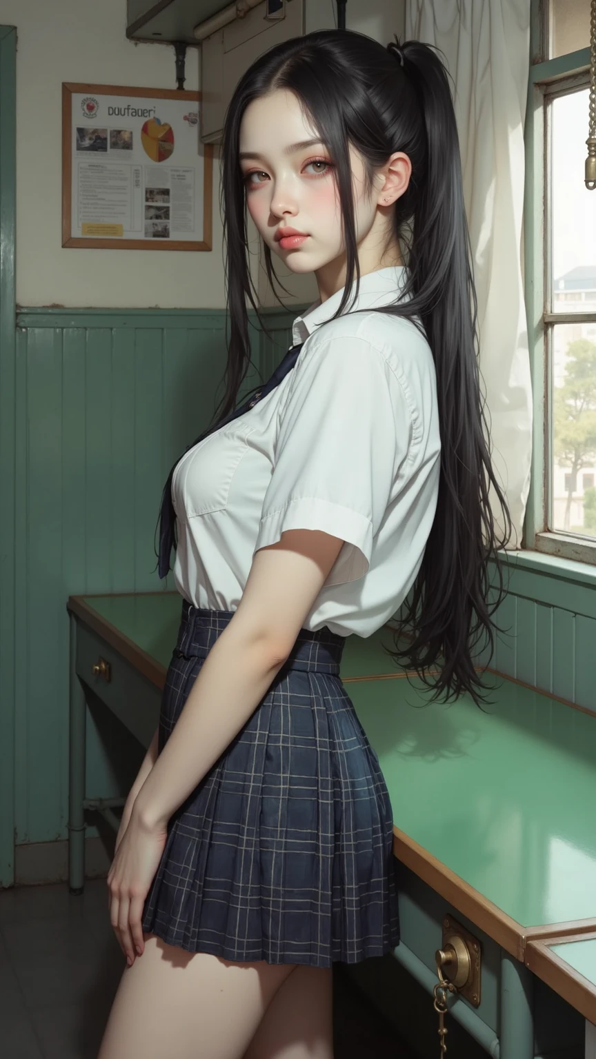 A female junior high school student in uniform posing in a classroom、Whole body、１３age、Very large breasts、Light blue blazer、Light blue skirt、(((With bangs、Super long hair girl、Whole body))), Real life anime girls, Long haired Japanese girl, Very long hair((Highest quality、Highest quality、Highest Resolution、Ultra-realistic photos、In 8K、Full Body Photo、One girl、Very cute face、Super super long hair、Hair length: about 3 meters、Straight black hair、Black hair longer than height、Black hair that has never been cut since birth、Her black hair flows down to her feet and spreads across the floor.、Thin body、、Location: Classroom、World Long Hair Contest Winner、Full body photo、Head to toe photos、Photo taken from about 4 meters away、Super Real、Stand up straight、Two hands、Two legs、Five fingers))、She has super long hair that covers her entire body.、(The longest black hair in the world、Stand in the classroom、Black hair spread out on the floor、Very delicate black hair、Shiny black hair、Silky black hair、Shiny black hair)