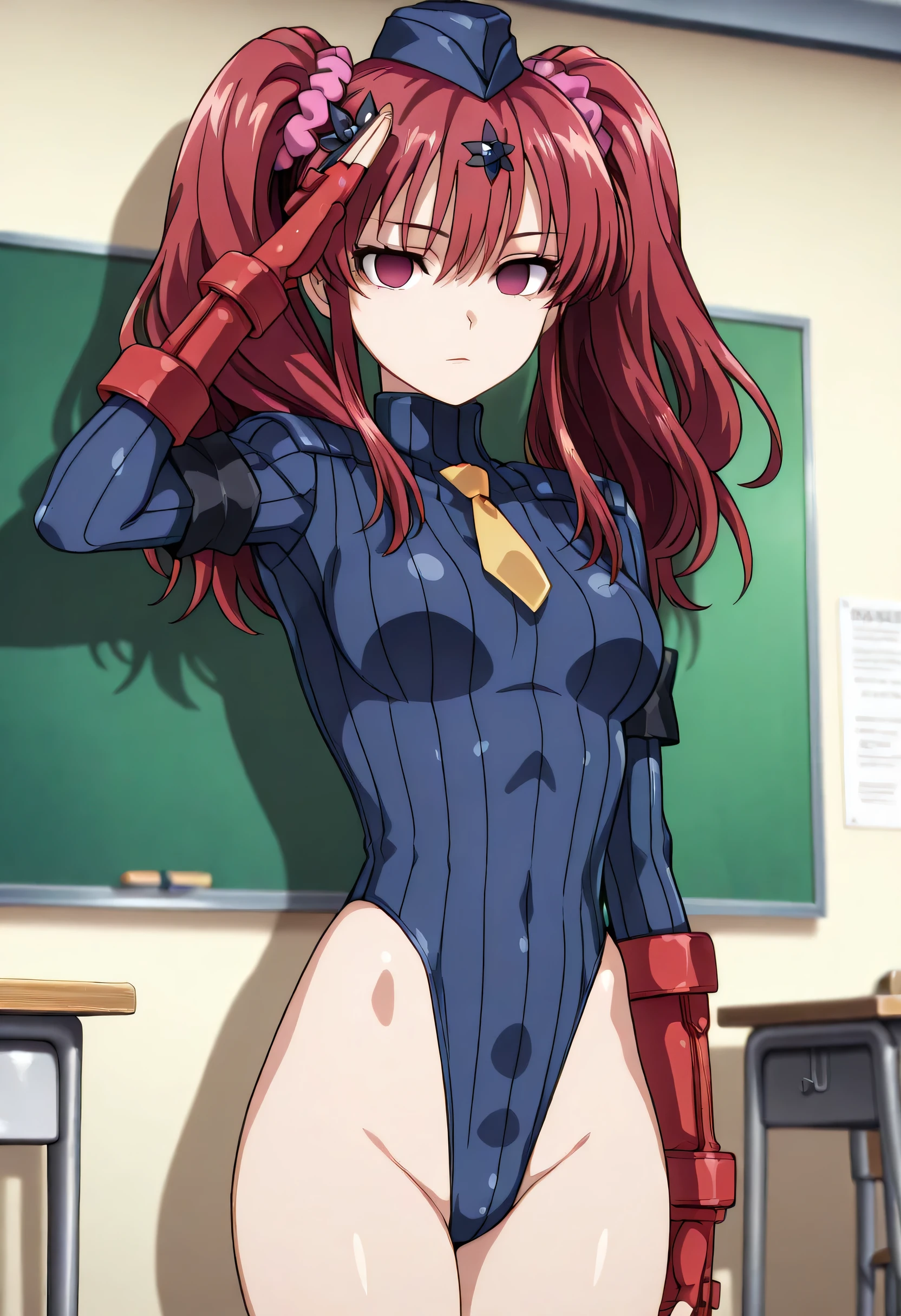 super detailed, explicit, beautiful body, beautiful nose, beautiful character design, perfect eyes, perfect face, ultra high resolution, 4K, beautiful feet, perfect legs, nice hands, perfect hands, masterpiece, highest quality, very detailed, figure, disorganized, perfect anatomy, Street Fighter, people形のスーツ, シャドルーpeople形, people形スーツ, Expressionless, looking at the viewer, red gloves, emotionless, black latex, corruption, Mind control, female combatant, whole body, hypnotismにかかった, unhappy trance, whole body suit, ribbed bodysuit, arms to the sides, follow, perfect female body, extremely glossy latex, hypnotism, hypnorolla, empty eyes, empty eyes, Mind control装置, Pauses, obedient_Pause, slave, stand up straight, Are standing, Are standing at attention, have, tie, belt, latex, ribbed bodysuit, Thighhighs, garter belt, combat readiness, Extend your right arm from your shoulder and reach up into the air., army, thigh boots, 1 girl, hair ornaments, orange hair, long hair, purple eyes, (((pixel perfect, detail perfect))), 一peopleで, 1 girl, Futaba Sakura, people, Glasses