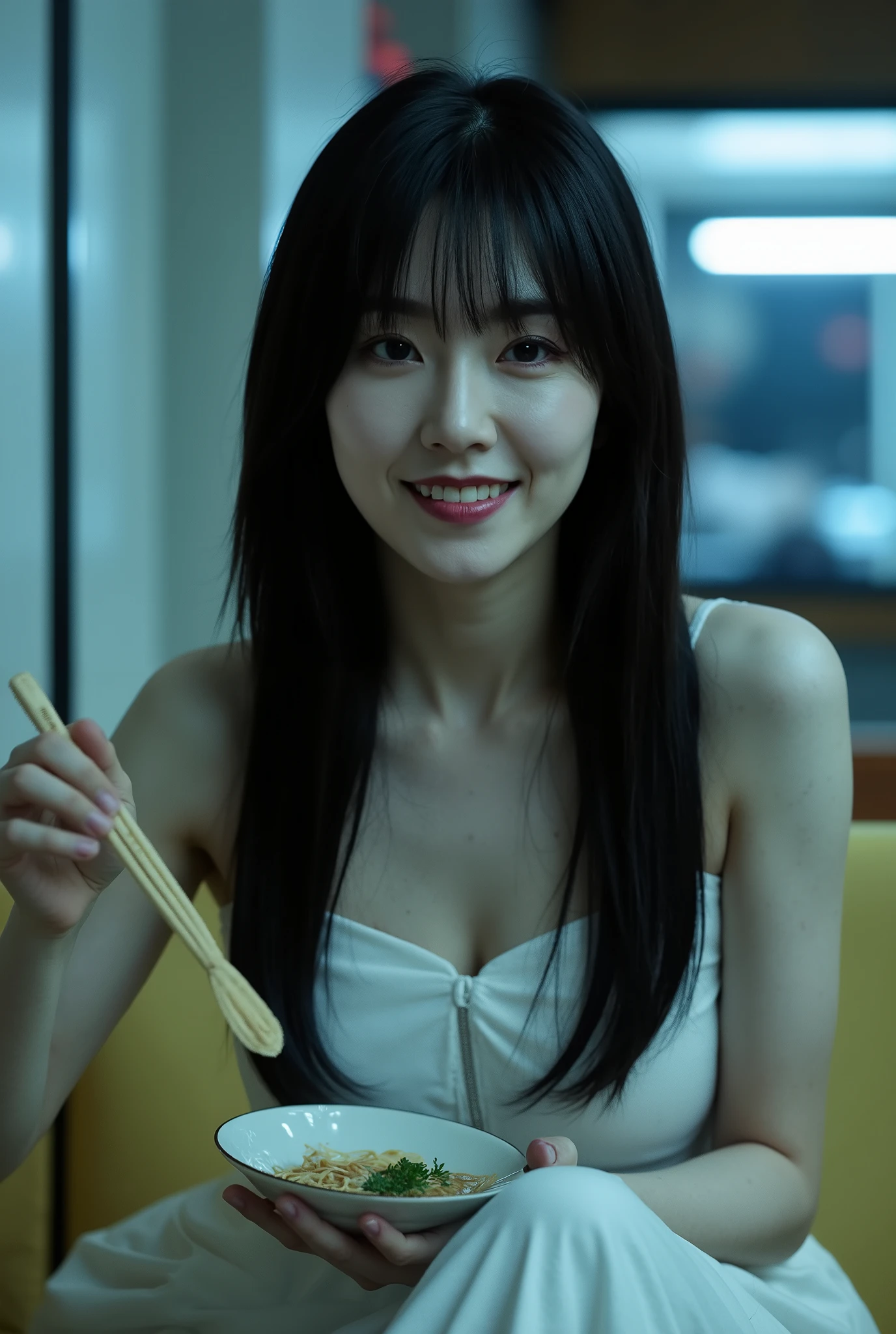 Capture a stunning Japanese actress during a break on a horror film set. She has a ghostly pale complexion, unhealthy skin tone, and deep purple lips, which enhance her eerie presence. Her long, disheveled black hair falls in a single length around her shoulders. She wears a flowing pure white dress that contrasts with her haunting appearance. In the background, the film studio cafeteria is visible, where she enjoys a bowl of ramen, smiling brightly. The scene is illuminated with cinematic lighting, creating a captivating juxtaposition between her fearsome look and the warmth of her smile.