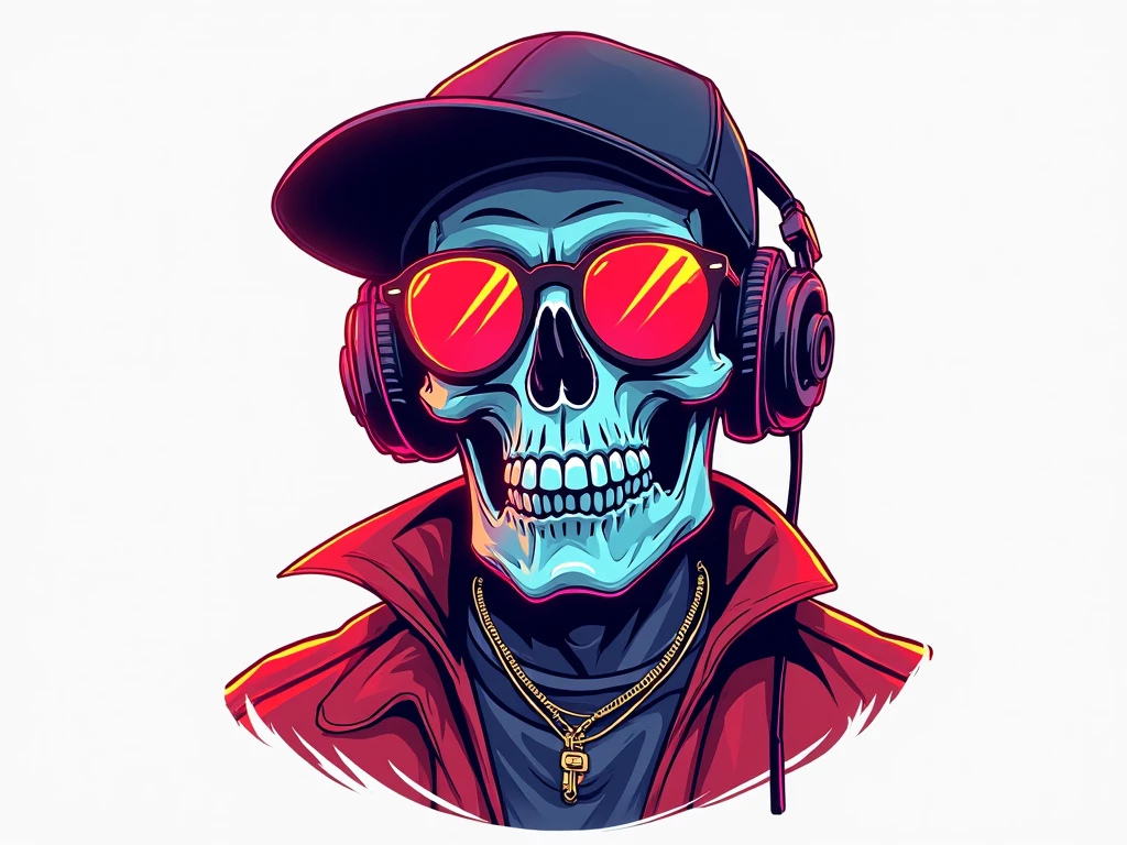 conceptual art skull head, Hip-Hop Style, t shirt design, flat-colors, vectorial art, ((black backdrop)) . digitl art, Illustrative, pictorial, mattepainting, highy detailed
