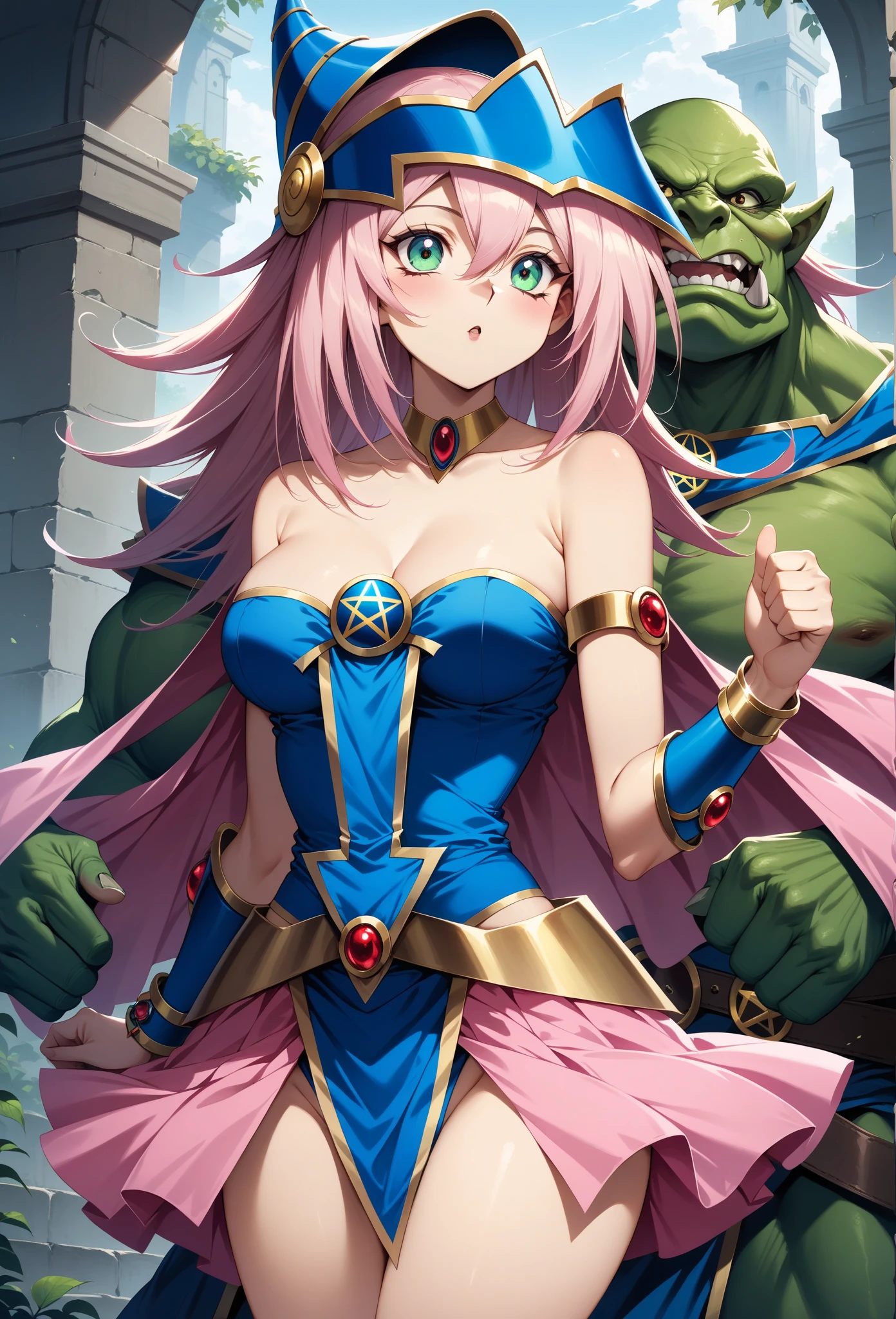 ((Highest quality)), ((masterpiece)), (detailed), （Perfect Face）、The female pharaoh is Lacus Clyne, a magnificent female pharaoh with blue eyes, pink medium-long hair, wearing a gorgeous pharaoh outfit and a gorgeous pharaoh headgear.、Female pharaohs are in ancient Egyptian ruins