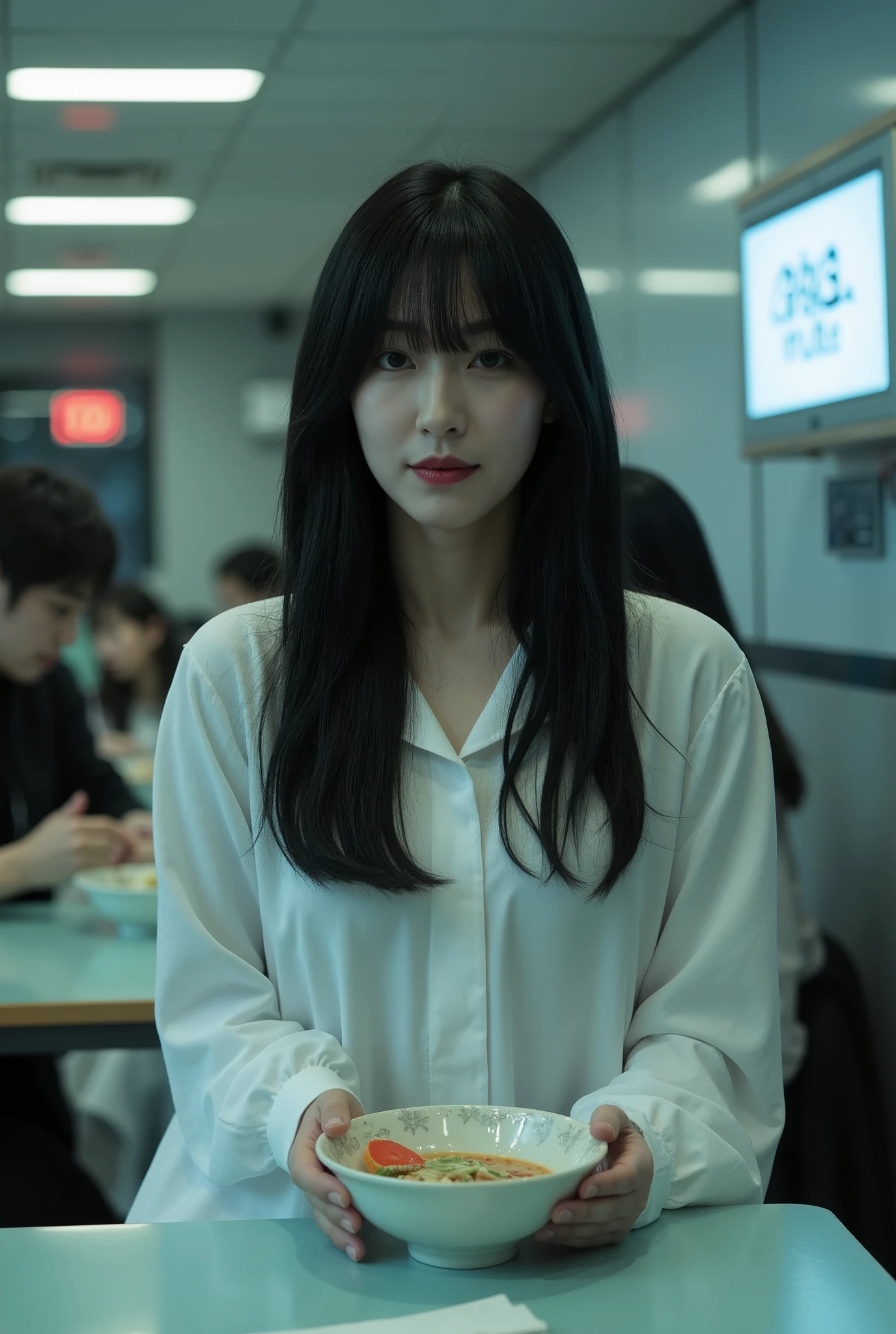 Capture a stunning Japanese actress during a break on a horror film set. She has a ghostly pale complexion, unhealthy skin tone, and deep purple lips, which enhance her eerie presence. Her long, disheveled black hair falls in a single length around her shoulders. She wears a flowing pure white dress that contrasts with her haunting appearance. In the background, the film studio cafeteria is visible, where she enjoys a bowl of ramen, smiling brightly. The scene is illuminated with cinematic lighting, creating a captivating juxtaposition between her fearsome look and the warmth of her smile.