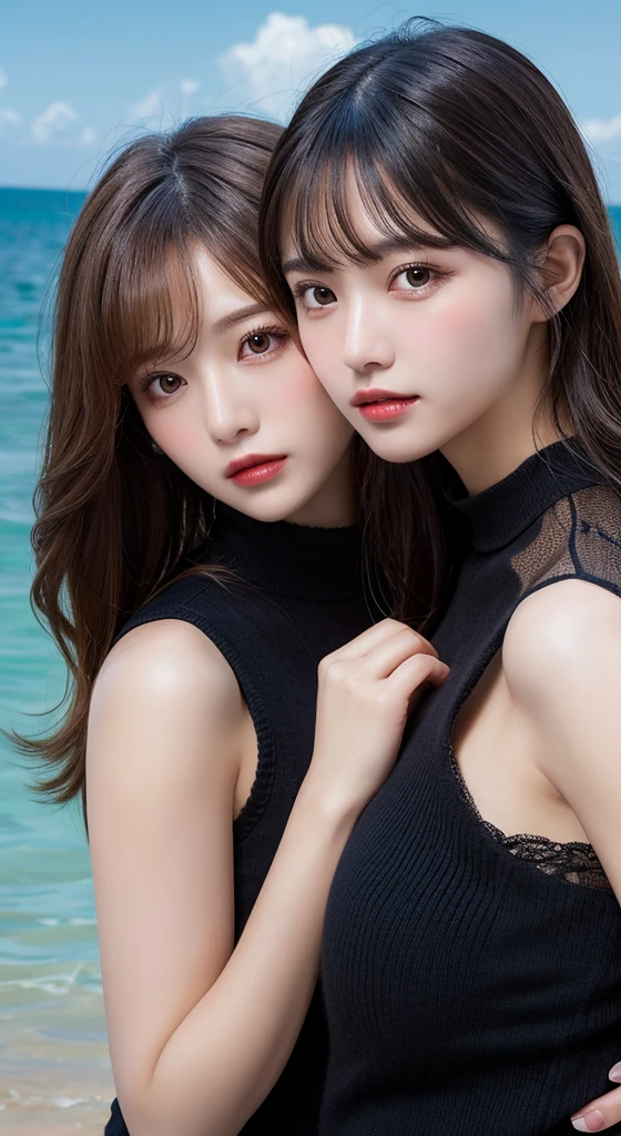 Masterpiece,(two girls),(8k, RAW photo, best quality, masterpiece:1.2), (realistic, photo-realistic:1.4), (extremely detailed 8k wallpaper), sharp focus, depth of field, blur background, bokeh,Do not split,pool side,(Japanese Woman),20-year-old woman,ponytail,(Beautiful breasts:1.5),(bikini: 1.5),(Looking at viewer),((super fine face)),The whole body was photographed,full body,(Clamp your chest with your arms),Eyes closed