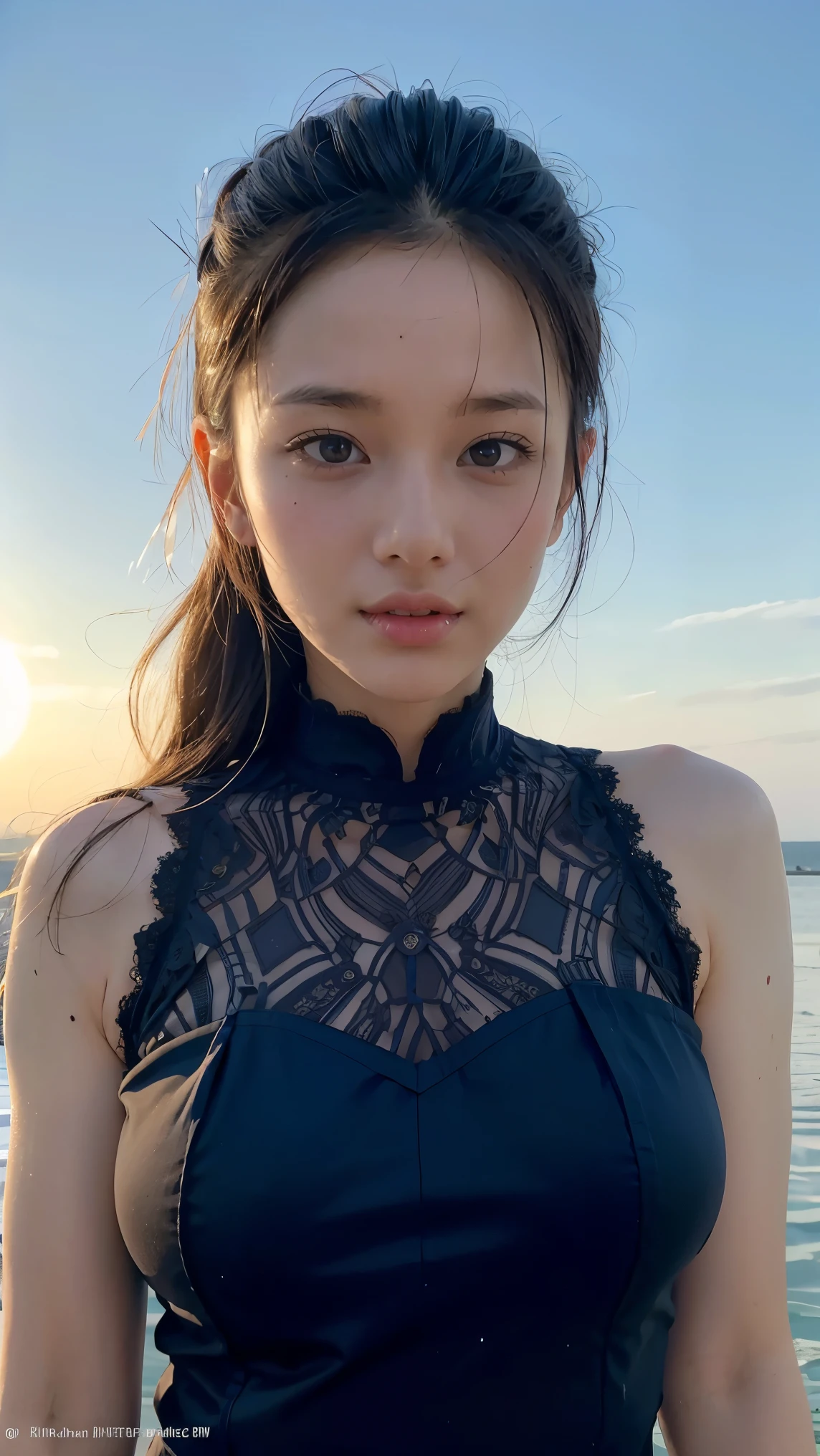  girl in military uniform, Best Quality, masterpiece, ultra high resolution, supermodel, Super beautiful face, pure body, Pores are visible, big breasts (smile:0.8), Wearing cultural costumes ( lace band :1.2), (realism:1.5),  original photos , body,  bare shoulders in bright blue,  in the dark , Low Key, Cold Light((Best Quality)), ((masterpiece)), ( details), Close.  watching the solar eclipse 