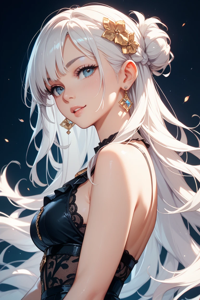 (Image from chest up:1.4)((masterpiece:1.5,Highest quality,Beautiful images、Realistic、2.5D、Artistic、Portraiture))(1girl, 独奏)(medium breasts, Silver Hair、long hair、Beautiful cleavage、sideboob、Exposing shoulders、Tattoo on shoulder)(横顔のPortraiture,Gaze sideways、Gaze diagonally、Shake your head、A sad expression, floating hair)(Monotone Abstract Background)((from diagonally forward:1.3)),Landscape,((outfit-inori,Monotone costumes))