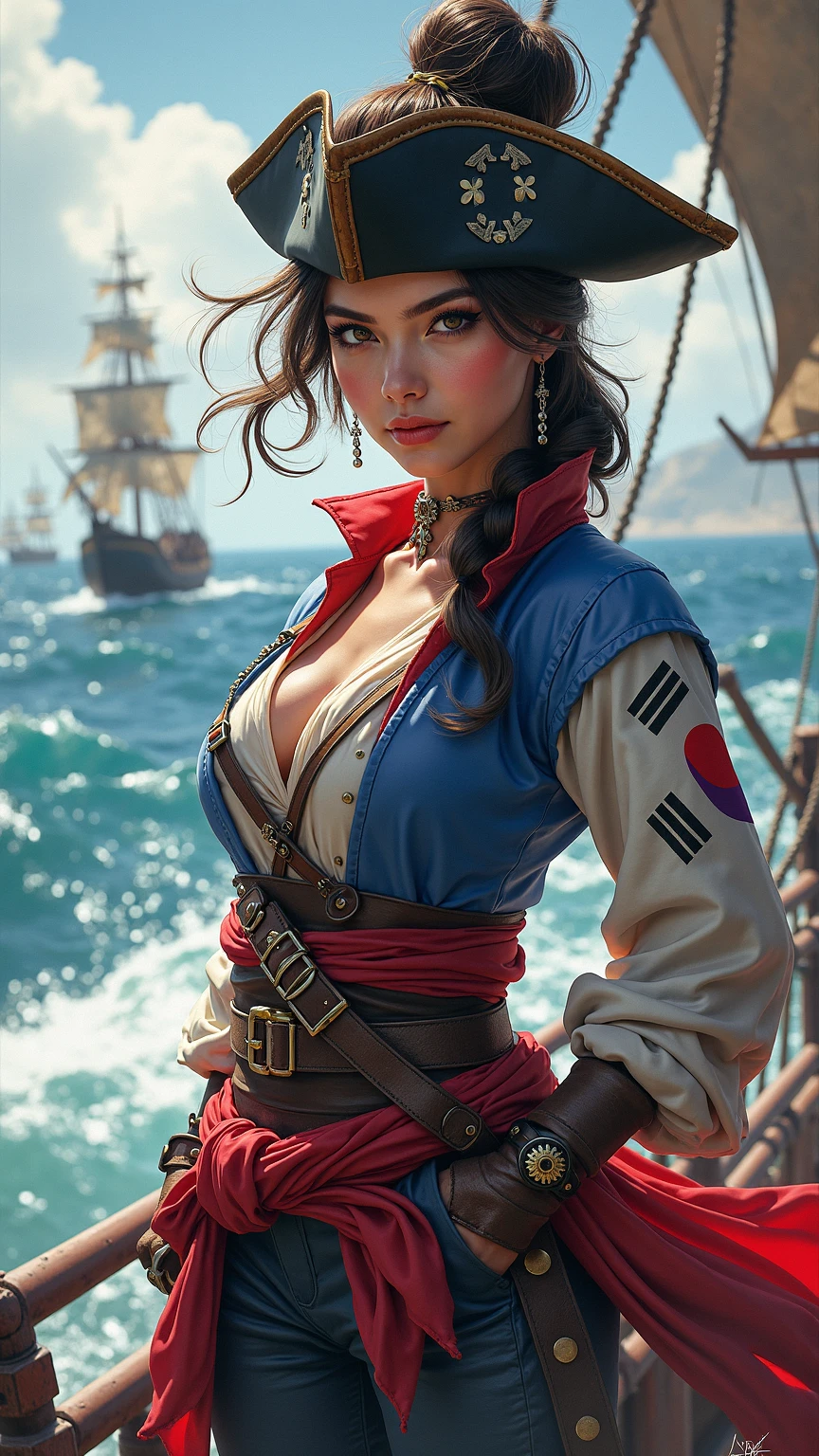 masterpiece, (Realistic:1.5), Highest quality, Beautiful lighting, Real Life, boa hancock, (only solo people ), 2 or more people NG, (perfect anatomy) , beautiful , , , , , , , large breasts , Cleavage, Slim waist, smile, , standing alone , Sweat-soaked skin, , , , ,cowboy shot , , , , , , , , , blue sky, cloud, big pirate ship on the sea, , , , Complex, Attention to detail, Sharp focus, dramatic, (RAW Photos, 8K Ultra HD, Film Grain), Caustics, Scattered beneath th