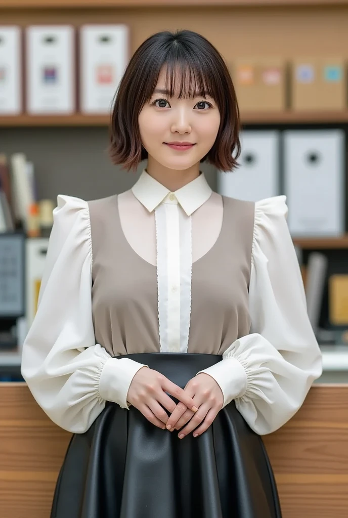 (1 woman),beauty,Beautiful Face,smile,(office lady suit:1.2),(open clothes,front open shirt,mini skirt)A dignified appearance,Plump Style,(big breasts:1.3)、(Peeking into this、Front view),Focus on the chest,Ultra-realistic,Ultra-high resolution,highest quality,8k,masterpiece,(random time,office)、The cutest Yoshioka Riho,(short bob hair:1.3),(portrait:1.2),(?????? stand:1.2),(arms behind back posing:1.4),standing,