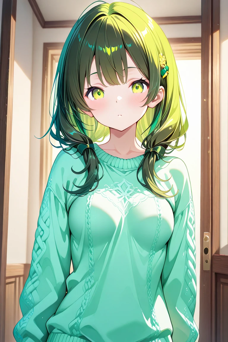 realisticlying、 a 18 year old girl((Grasp your breasts with both hands))、wearing green sweater、Breasts enlarged、A slight smil、Sexy Posing、I'm sweating、Redness of cheeks、Blonde twin tail hair、Bedrooms、sexly
