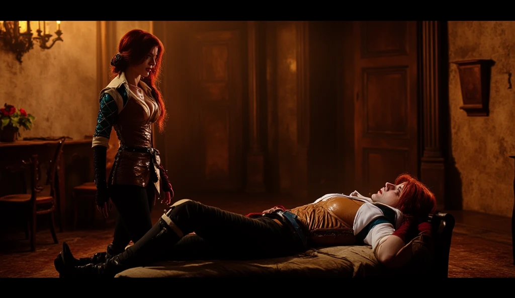 1143, Kingsbridge, England. otherworldly scene in a medieval poor house, ((((23-year-old)) Alexandra Daddario)), with (((Cameron Monaghan))), naked, passion, kissing, embracing each other, ((sobbing, crying bing tears)), ((very short and messy hair)), ((Wes Anderson cinematic style)), colorful