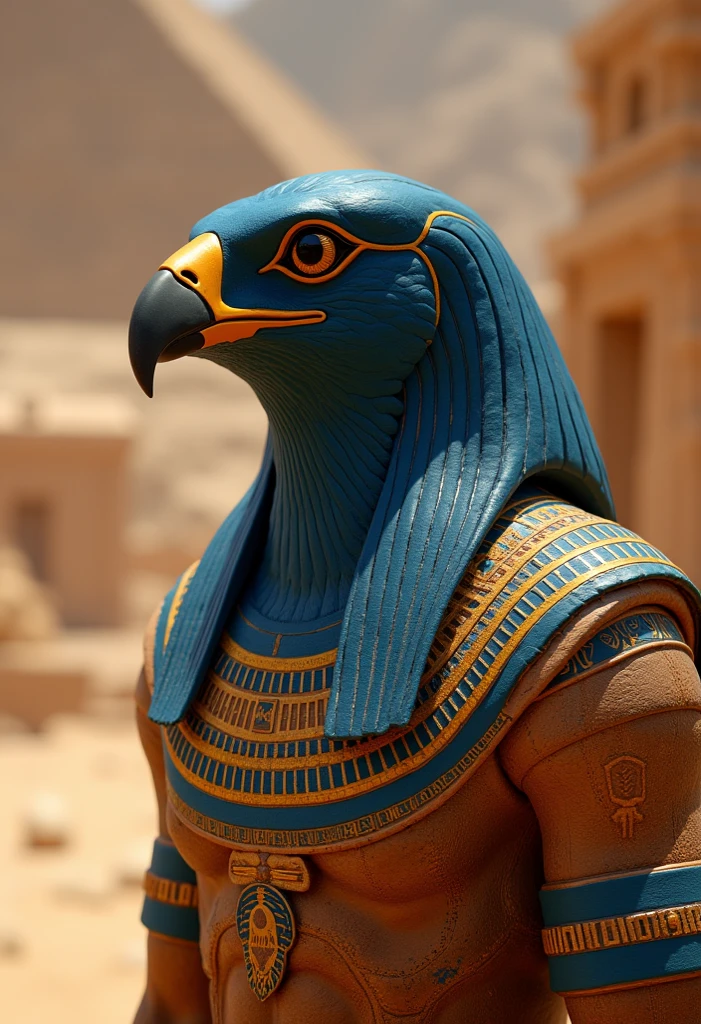 (((God Horus)))best quality, ultra-high resolution, 4K detailed CG, master piece, Horus, Egyptian god, Egyptian mythology, Egyptian temple, Egyptian palace, Egyptian clothing, ((Blue Falcon Head)), desert, aesthetics, Beautiful image, centered on the screen