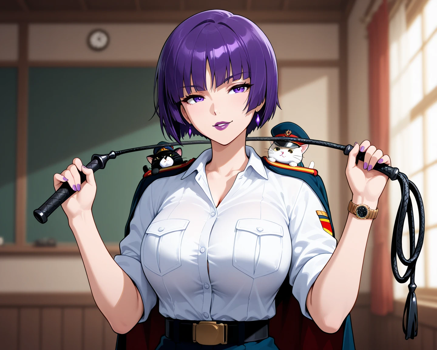 Anime image of a woman with a knife in her hand., seductive anime girl, Fubuki, OPPAI, anya from the spy family x, king hiroe black lagoon branch, Inspired by Kusumi Morikage, Misato Katsuragi, Nishimiya Shouko, big breasts!, big breasts!!, mamimi samejima, maya fey from ace lawyer