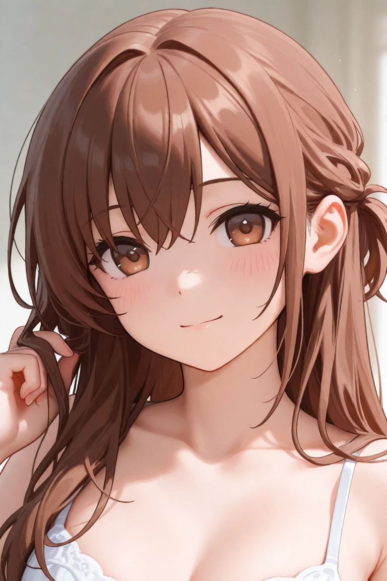 ((Masterpiece, Best quality))++, Detailed light+, Detail hair+, detail hand+ ,1girll, woman, Long brown hair, Brown eyes, Beautiful eyes, long wept bangs,,(Beautiful brown hair:1.5),(Beautiful detailed eyes), high resolution+, blacksilk , a white camisole, thin, Glass tones, Reflective eyes, extremelydetailedwallpaper, Original, ,