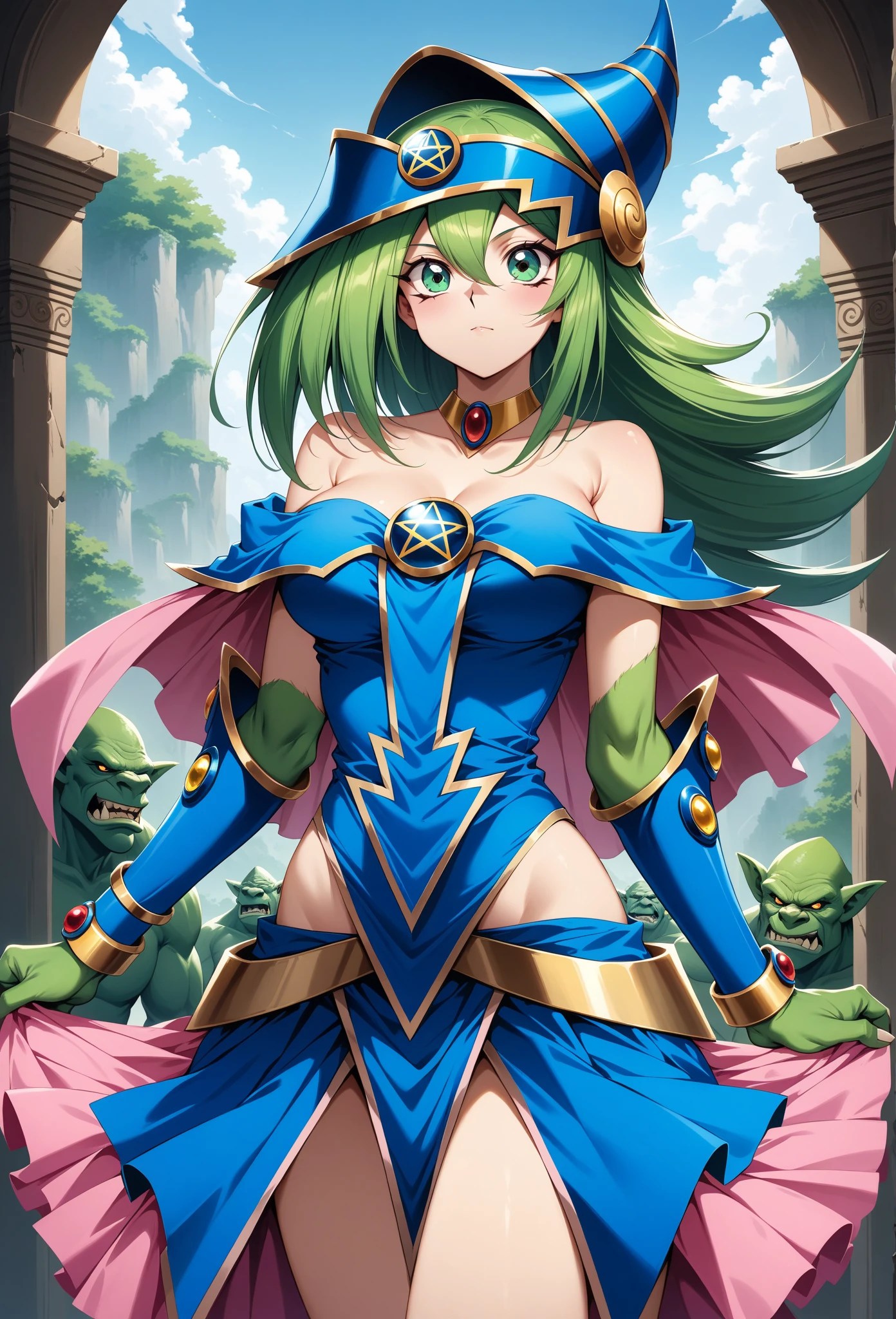 young woman, blue hair, long hair, deep green eyes, empty eyes, evil smile, white and gold robes, revealing clothes, short, egyptian style clothing, volumpious body